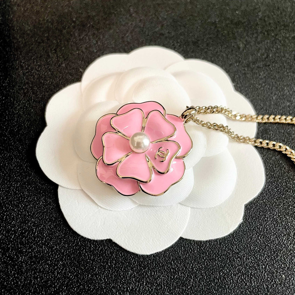 Camellia Pendant Necklace in Polished Metal-Tone – Camellia Detail – Design 009 front product view