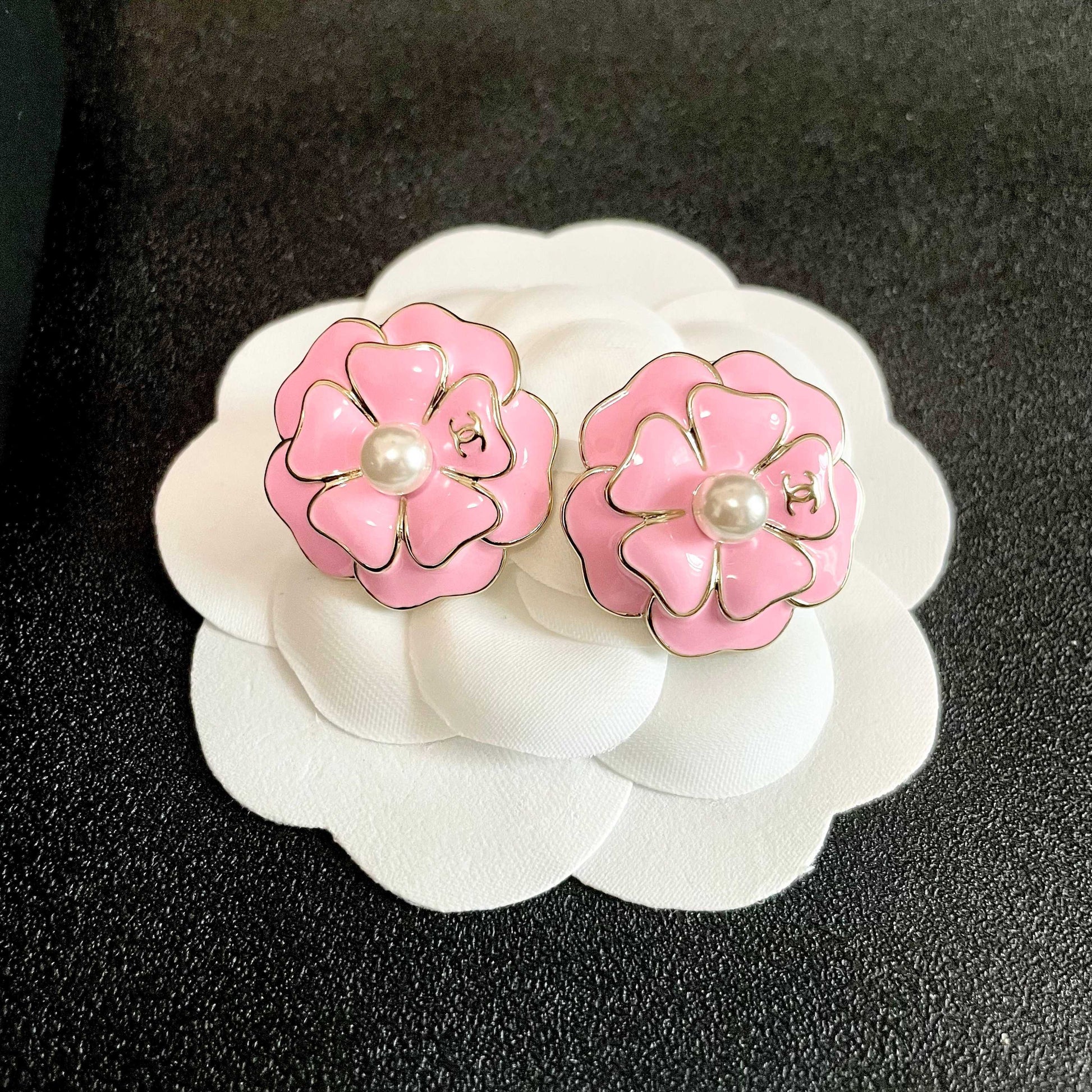 Camellia Stud Earrings in Polished Metal-Tone – Camellia Detail – Design 021 front product view