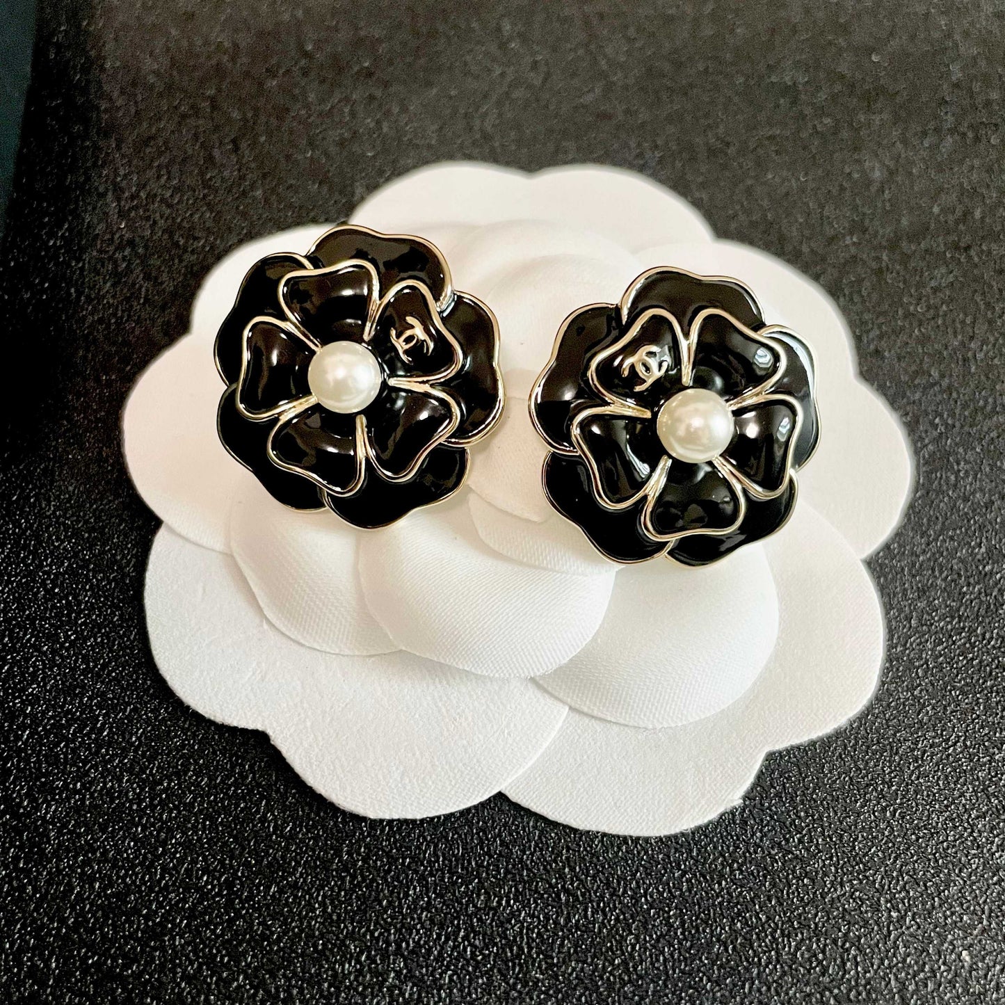 Camellia Stud Earrings in Polished Metal-Tone – Camellia Detail – Design 020 front product view