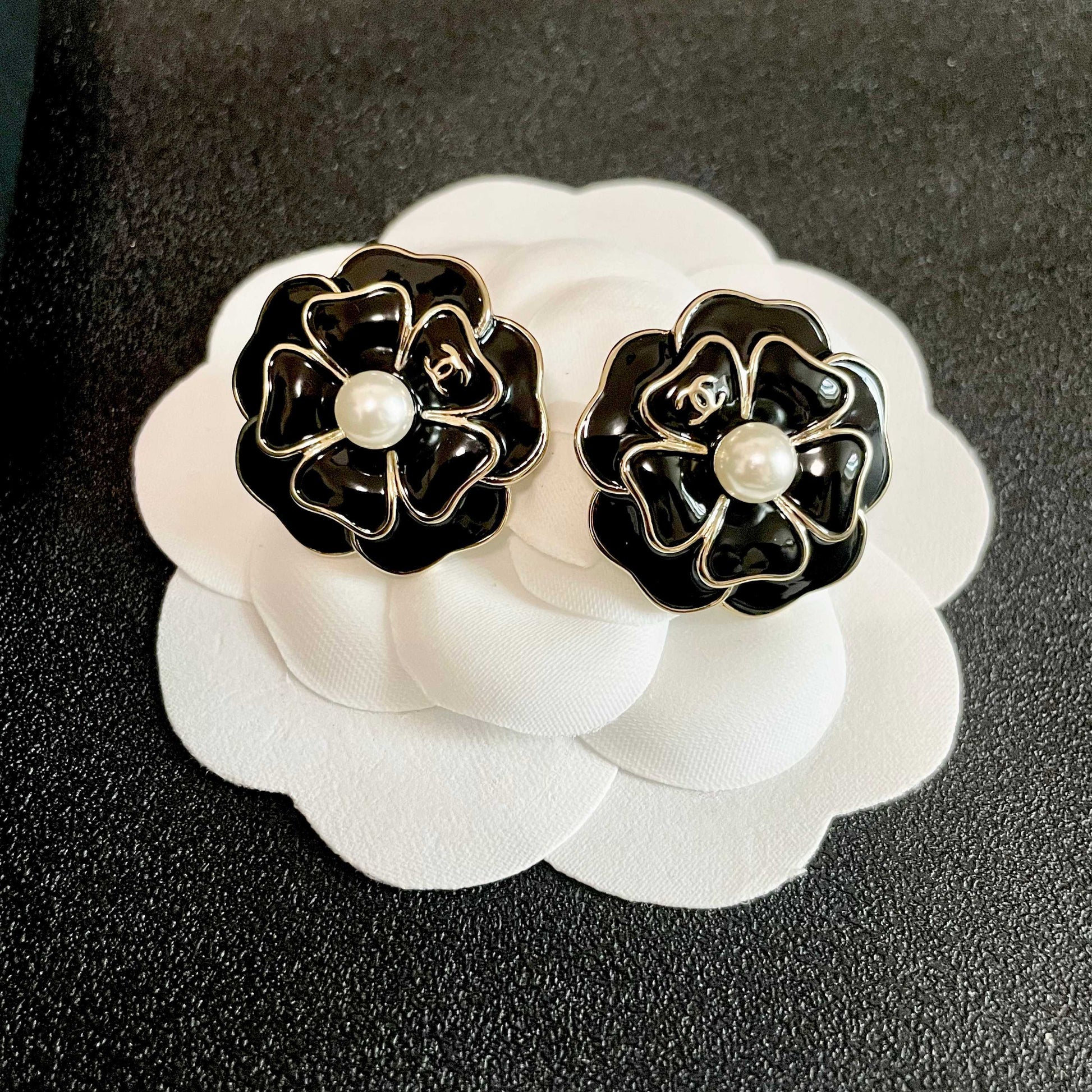 Camellia Stud Earrings in Polished Metal-Tone – Camellia Detail – Design 020 front product view