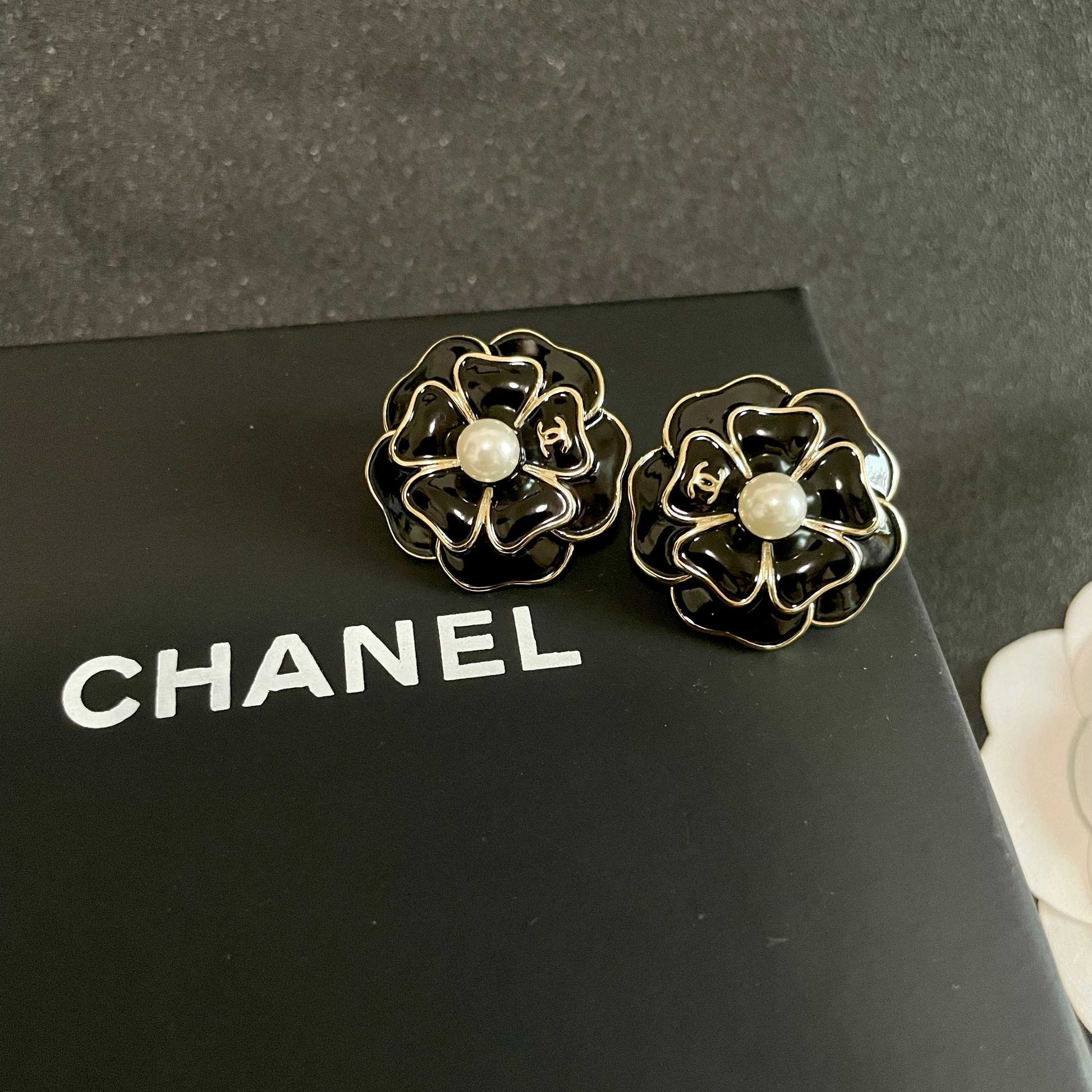 Camellia Stud Earrings in Polished Metal-Tone – Camellia Detail – Design 009 detail view