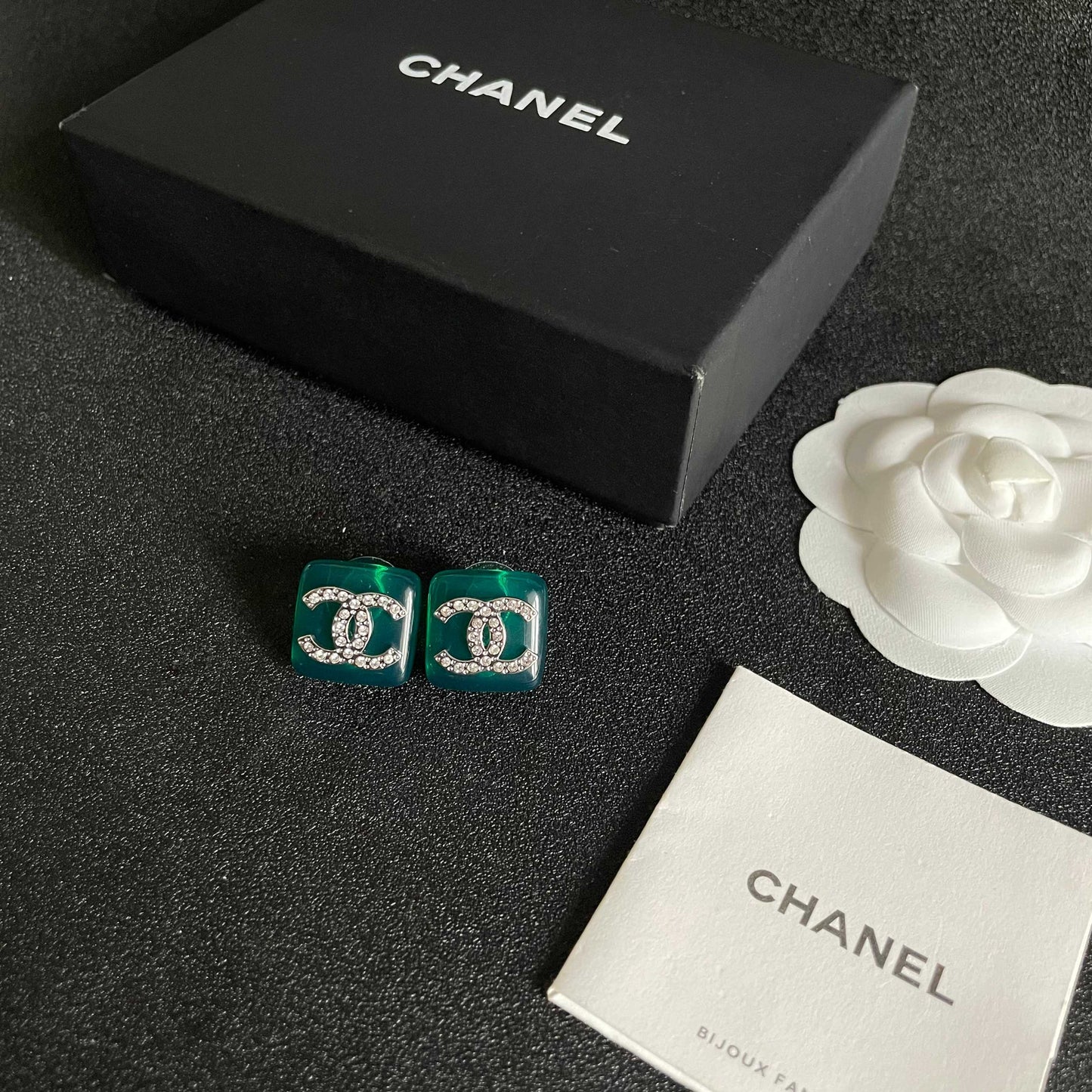 Double-C Emblem Crystal-Accent Stud Earrings – Design 004 close-up detail