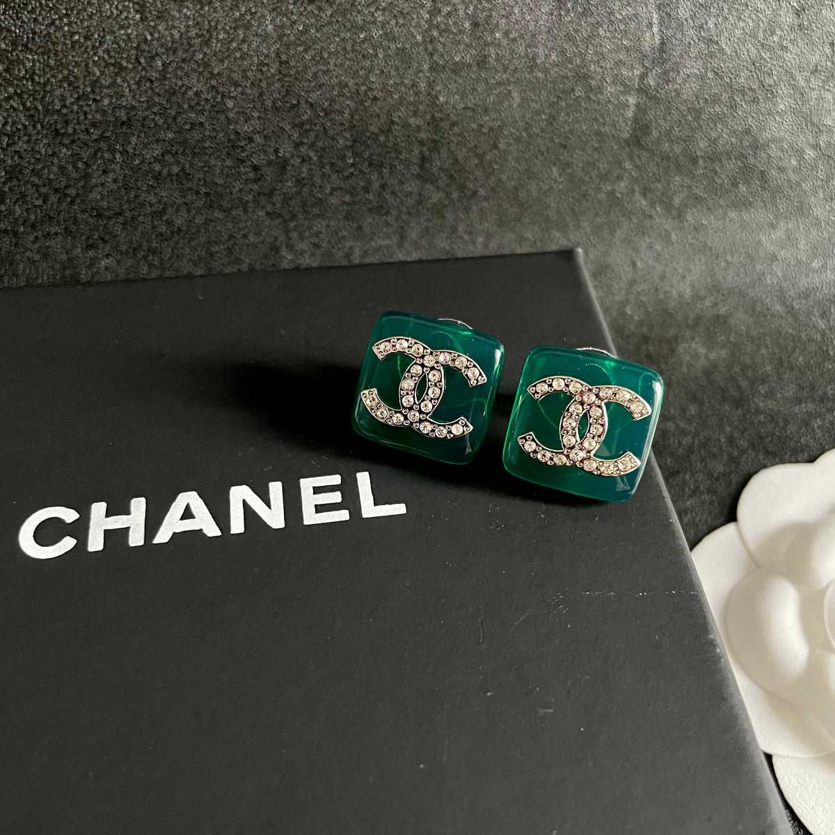 Double-C Emblem Crystal-Accent Stud Earrings – Design 004 detail view