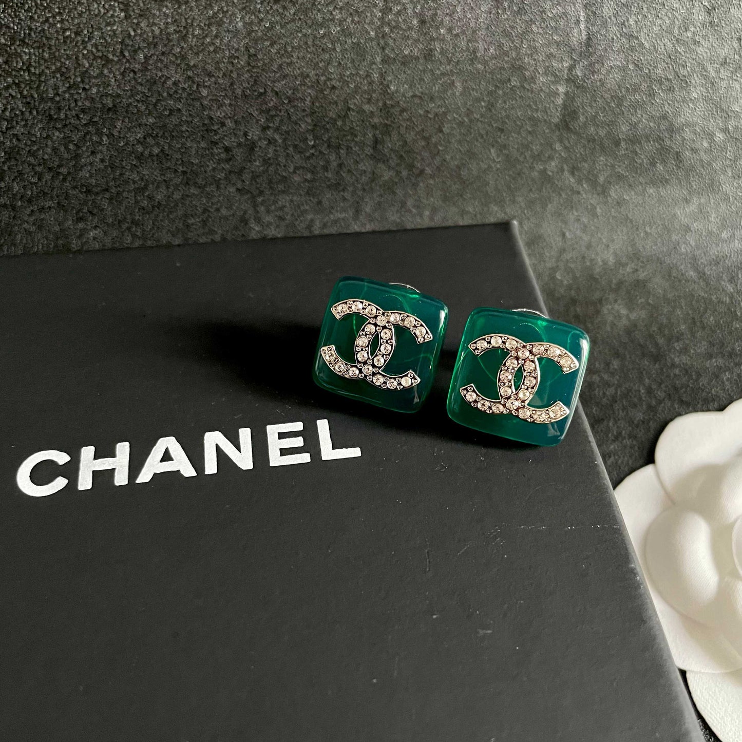 Double-C Emblem Crystal-Accent Stud Earrings – Design 012 detail view