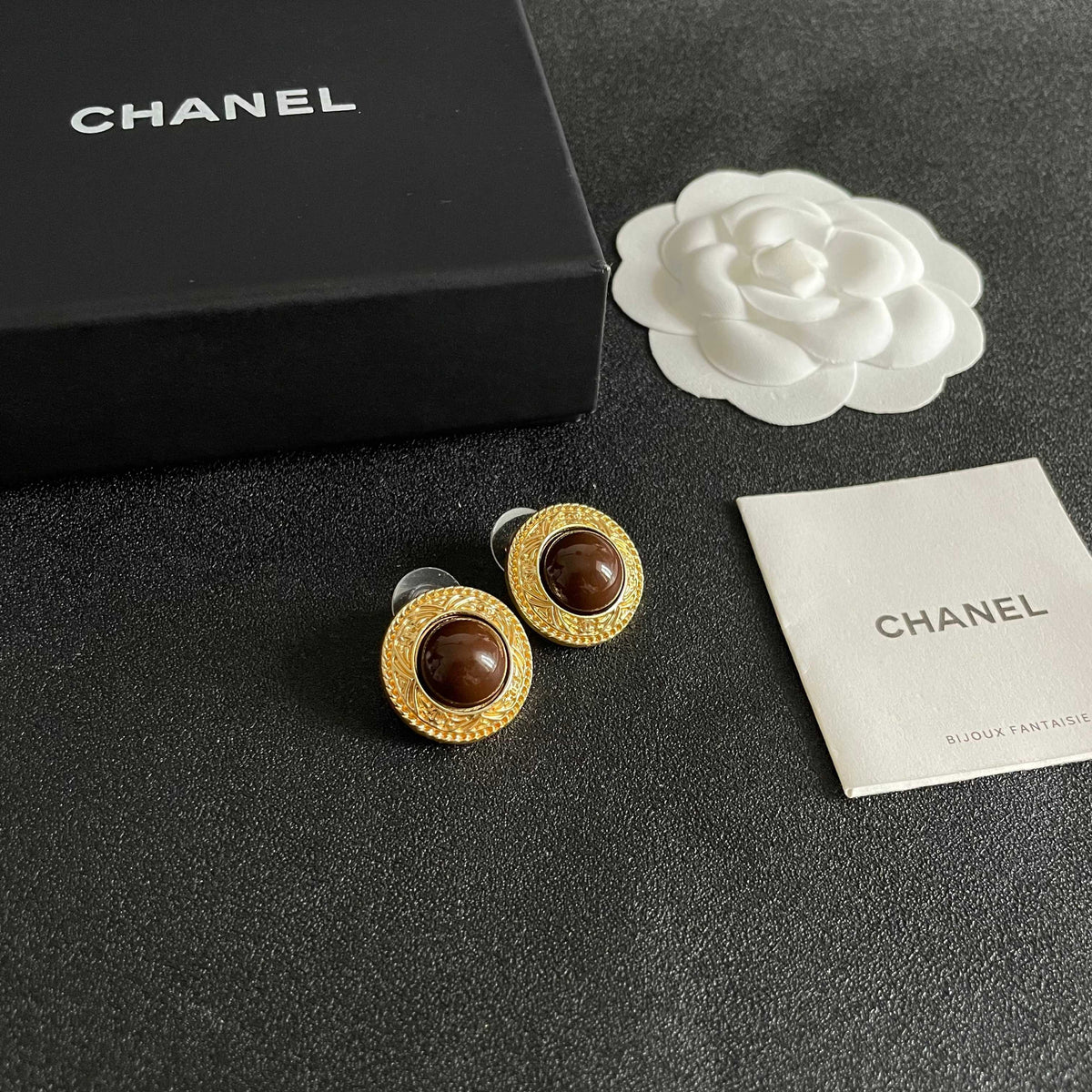 Double-C Emblem Stud Earrings in Polished Metal-Tone – Design 113 styled product view