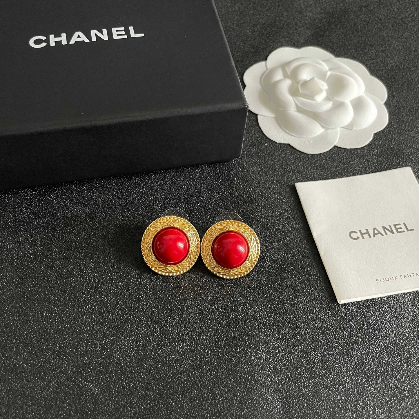 Double-C Emblem Stud Earrings in Polished Metal-Tone – Design 031 styled product view