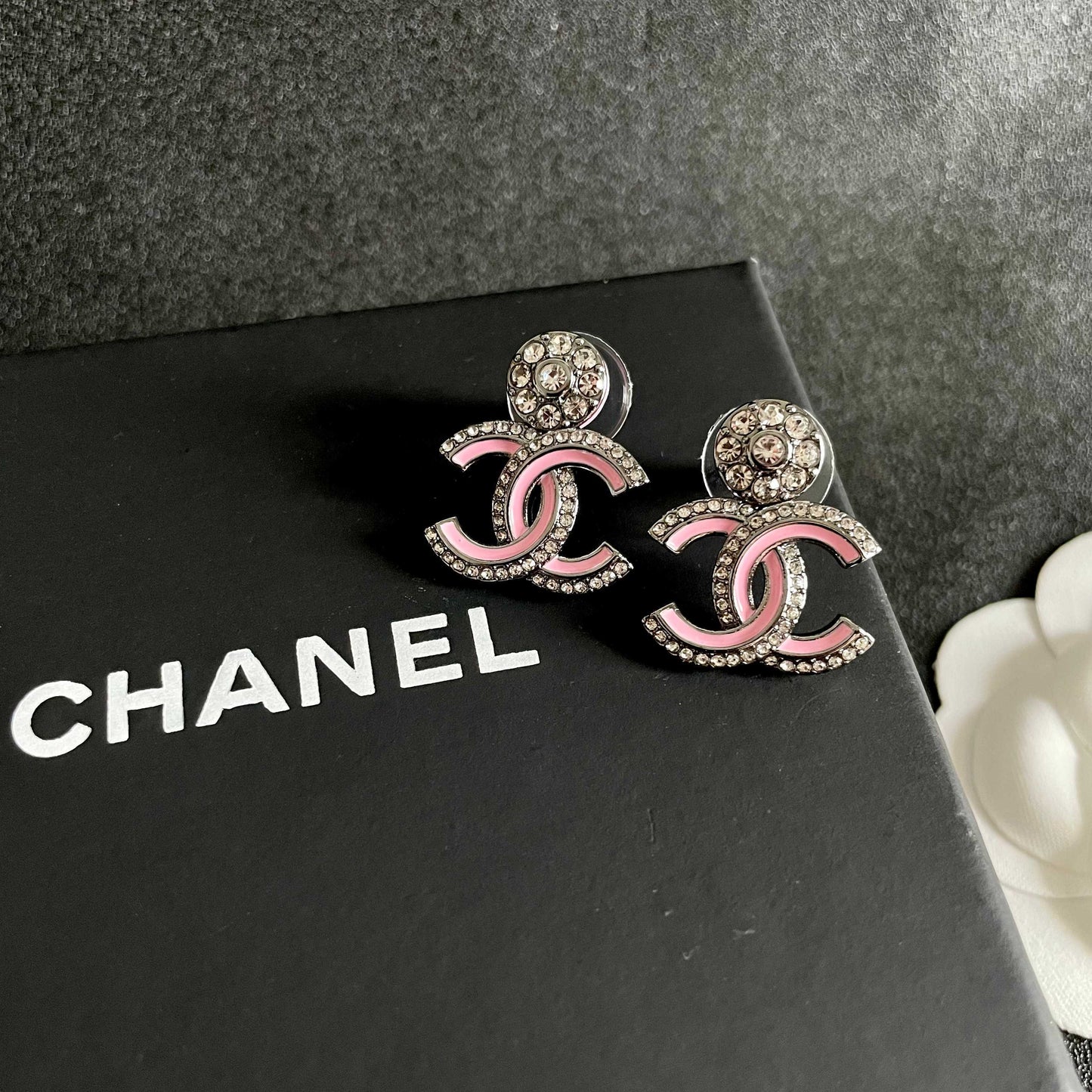 Double-C Emblem Crystal-Accent Statement Earrings – Design 007 detail view