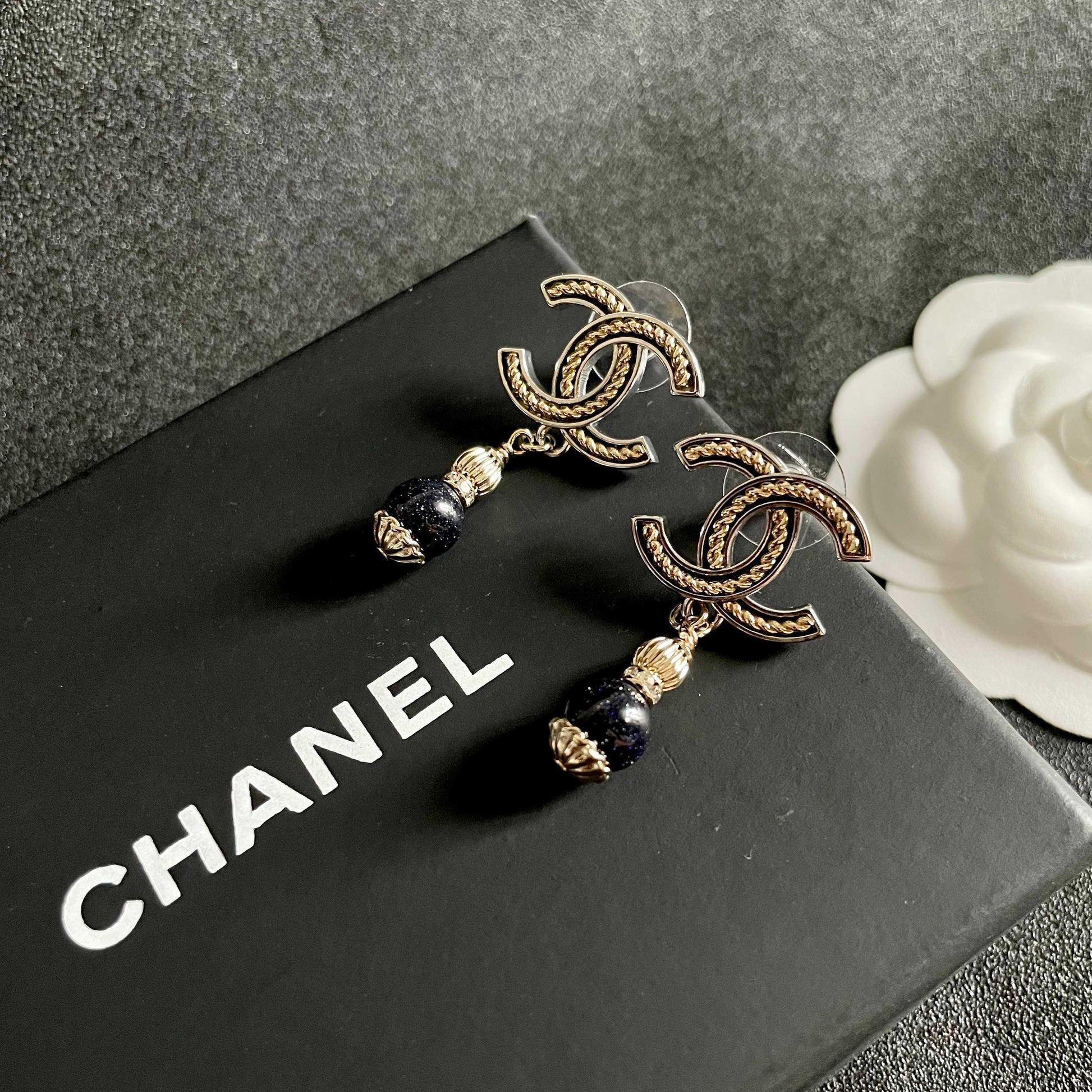 Double-C Emblem Statement Earrings in Polished Metal-Tone – Design 007 detail view