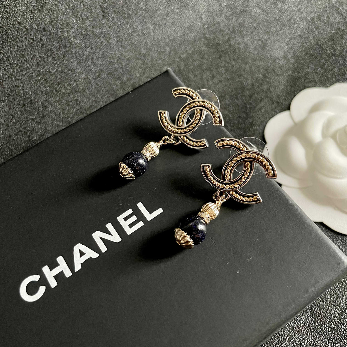 Double-C Emblem Statement Earrings in Polished Metal-Tone – Design 013 detail view