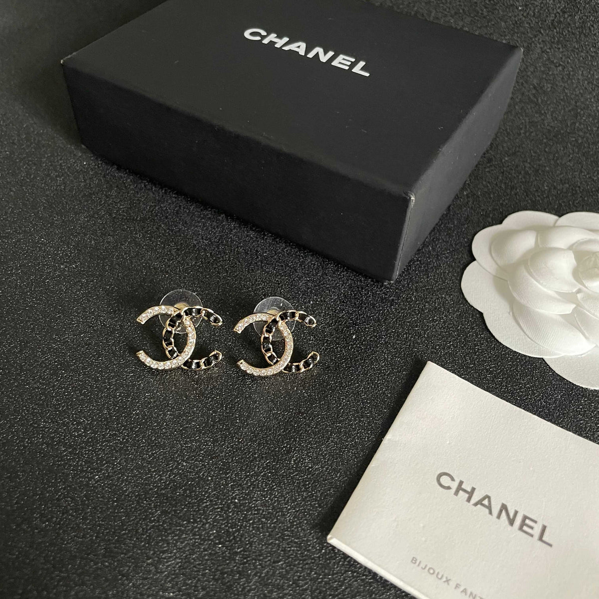 Double-C Emblem Crystal-Accent Stud Earrings – Design 007 close-up detail