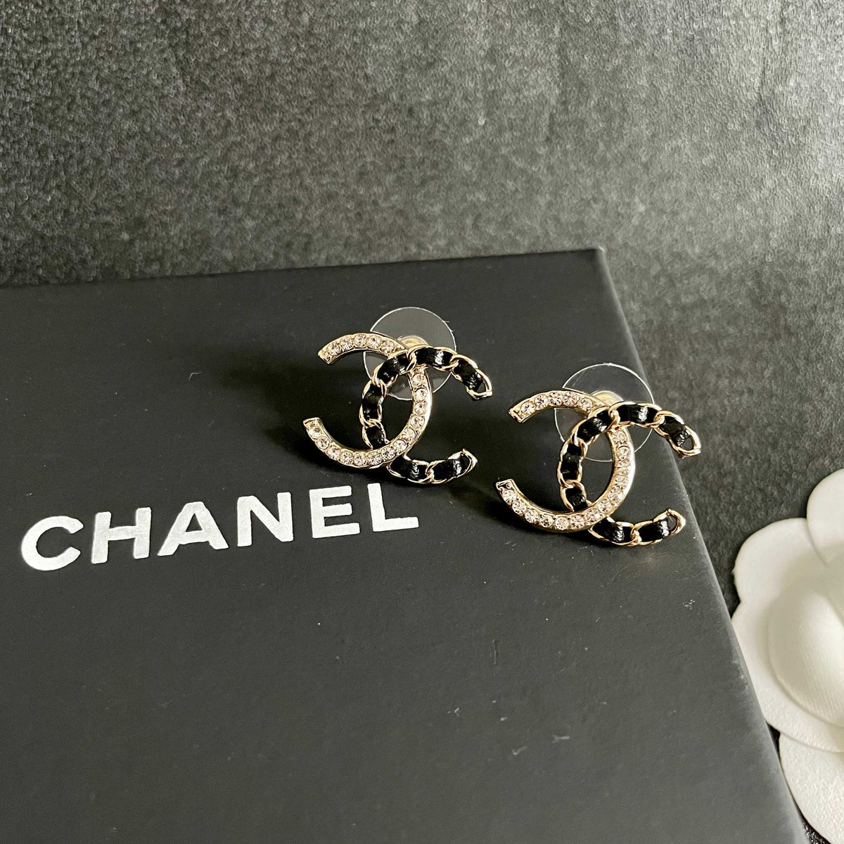 Double-C Emblem Crystal-Accent Stud Earrings – Design 003 detail view