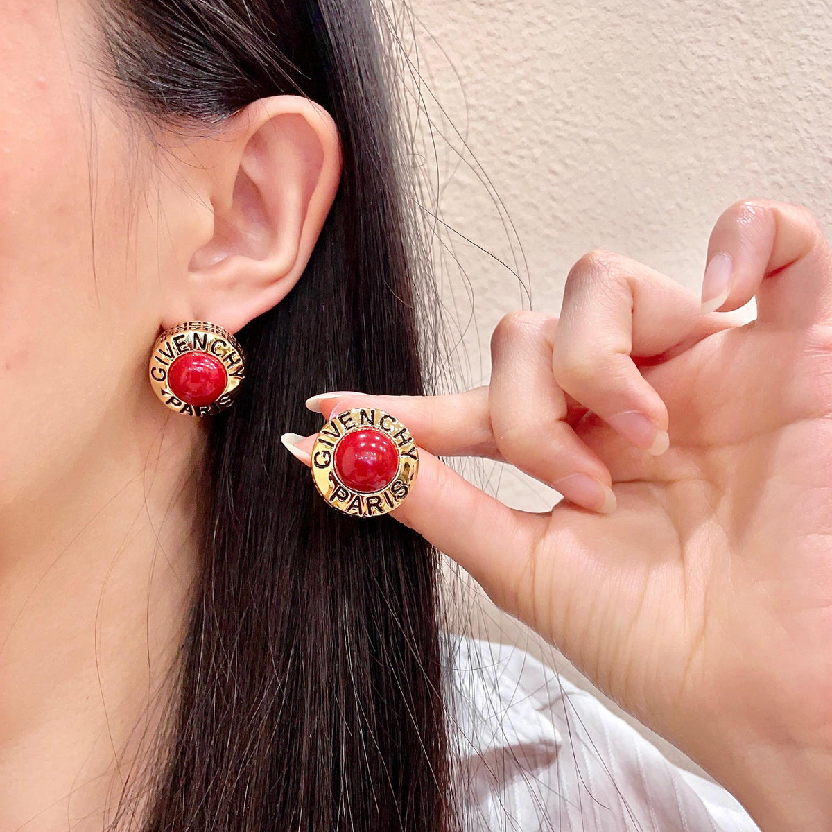 Round Stud Earrings in Gold-Tone – Red Detail main product view
