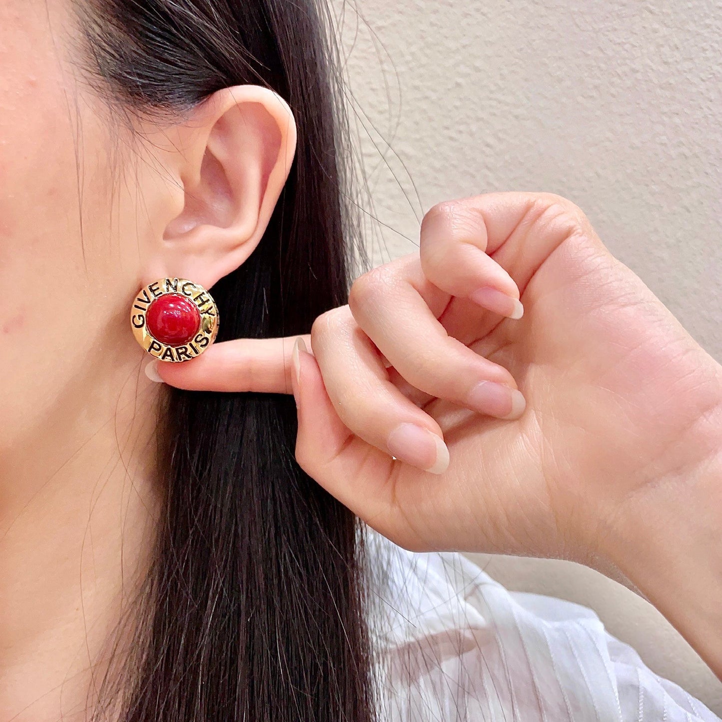 Round Stud Earrings in Gold-Tone – Red Detail front product view