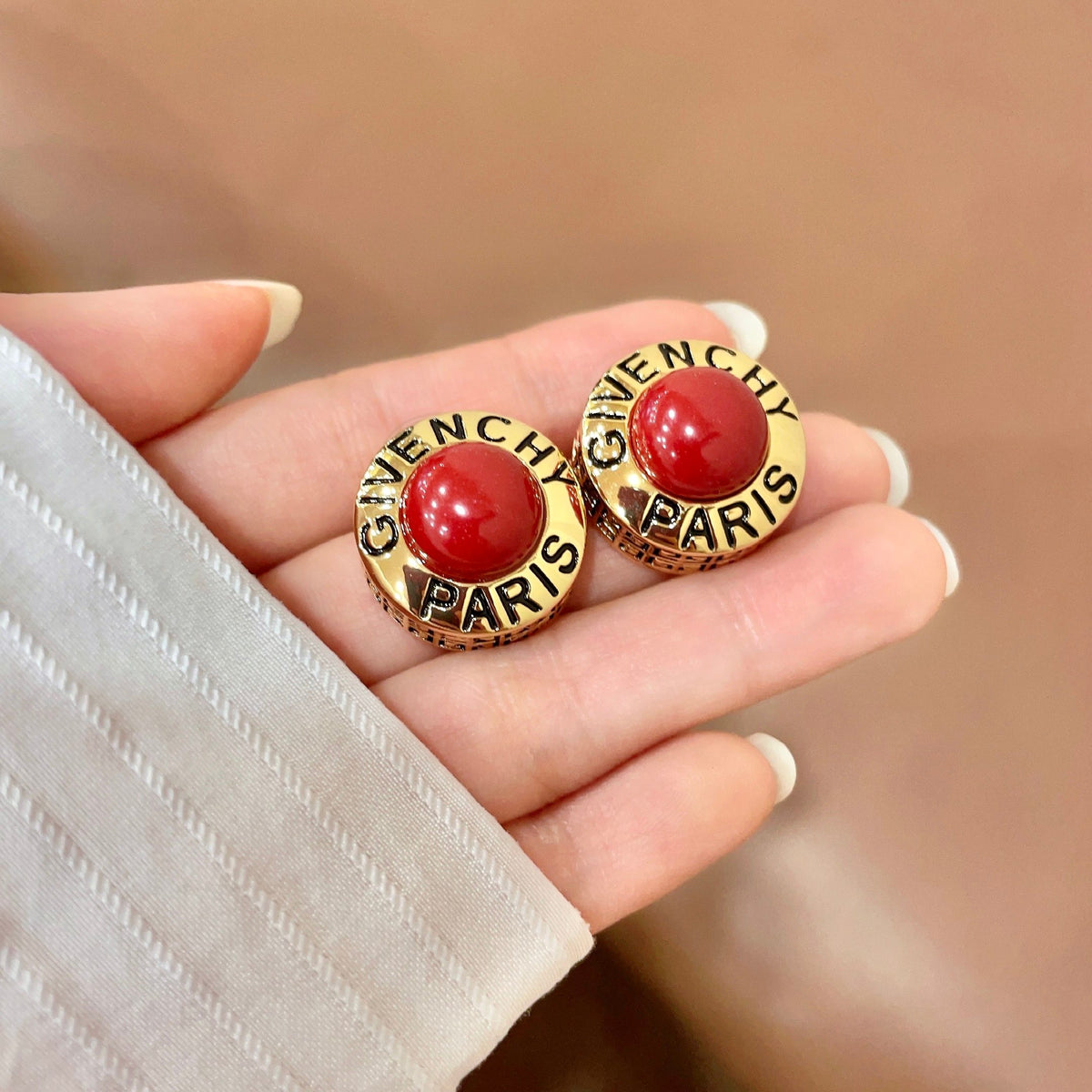 Round Stud Earrings in Gold-Tone – Red Detail side detail