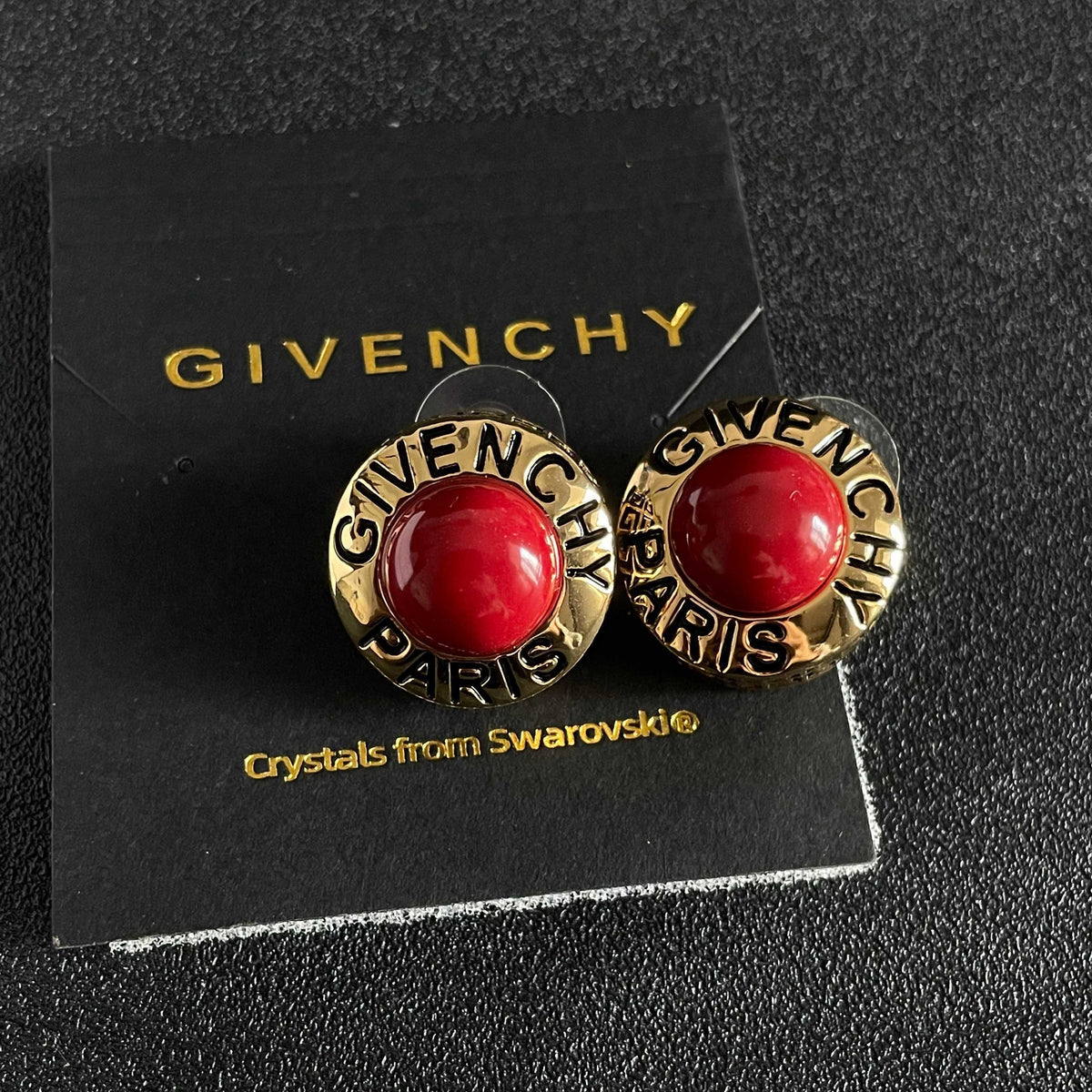 Round Stud Earrings in Gold-Tone – Red Detail front product view