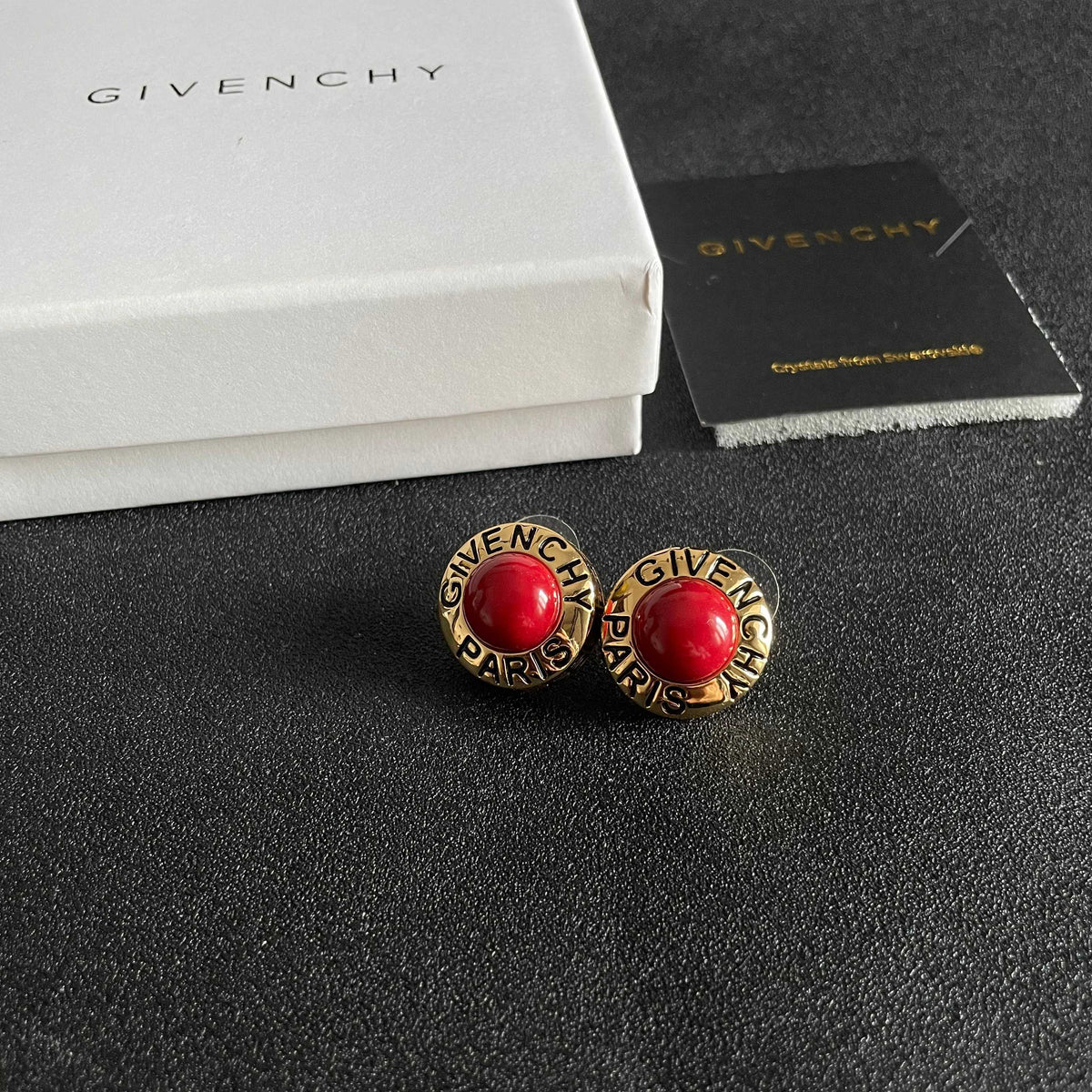 Round Stud Earrings in Gold-Tone – Red Detail styled product view