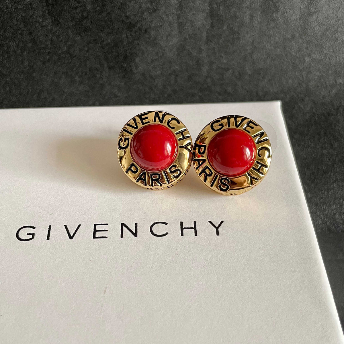 Round Stud Earrings in Gold-Tone – Red Detail detail view