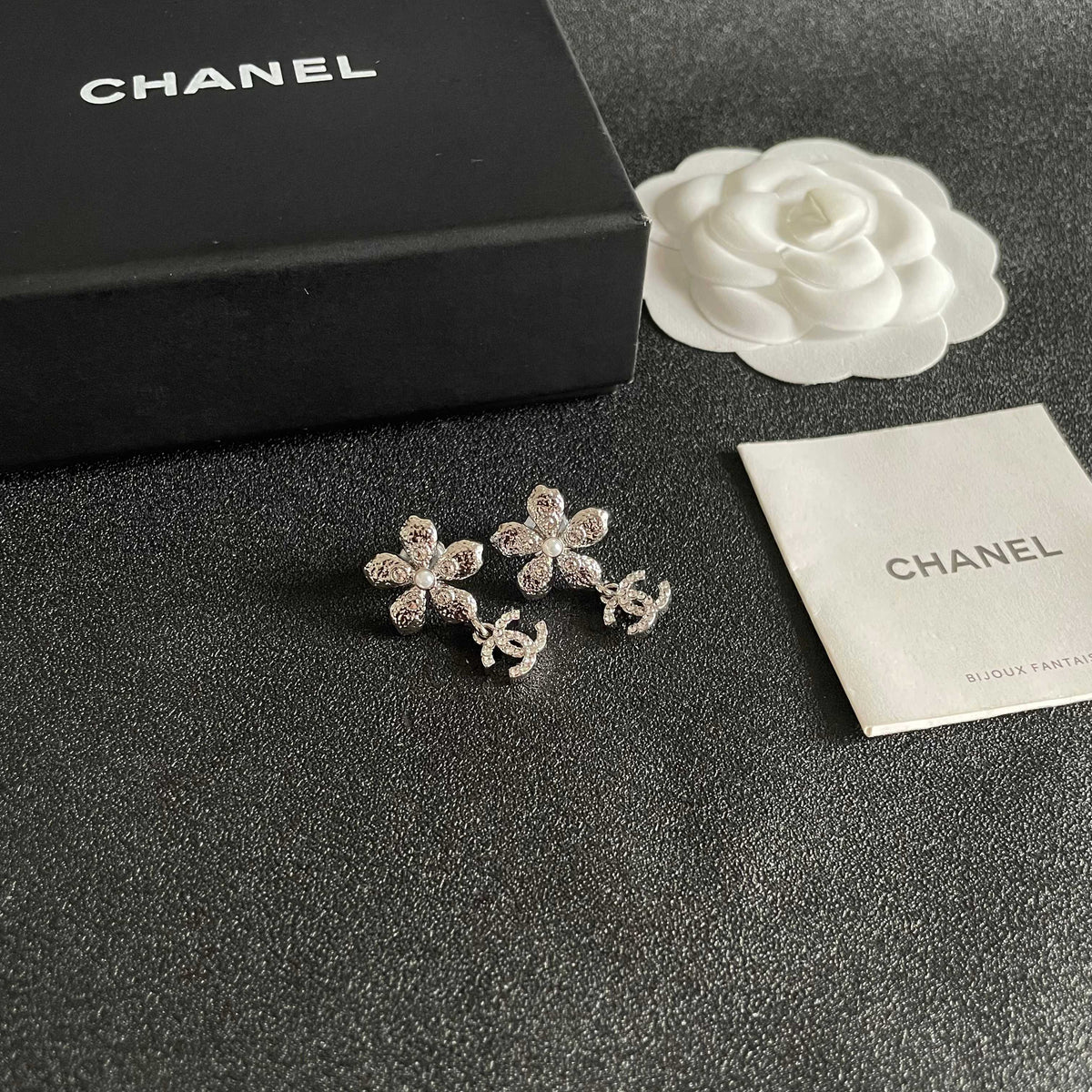 Double-C Emblem Stud Earrings in Polished Metal-Tone – Design 089 styled product view