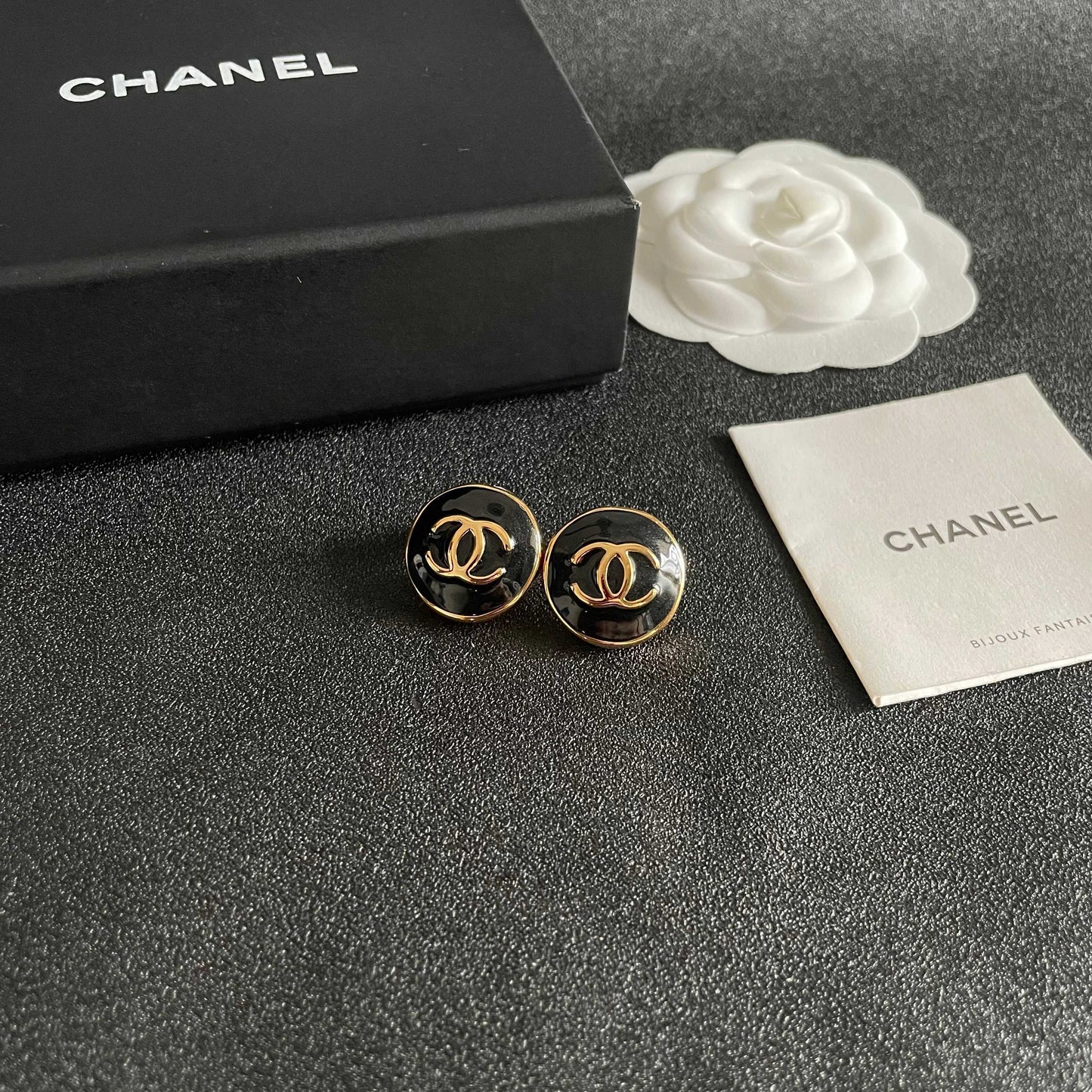 Double-C Emblem Stud Earrings in Polished Metal-Tone – Design 088 styled product view