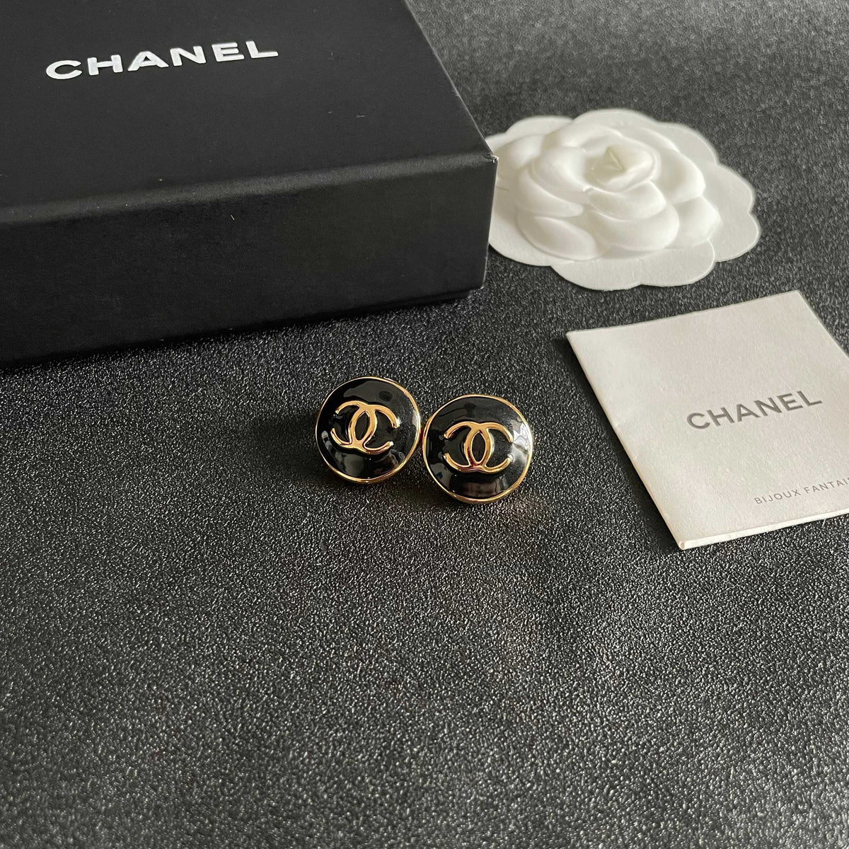 Double-C Emblem Stud Earrings in Polished Metal-Tone – Design 088 styled product view