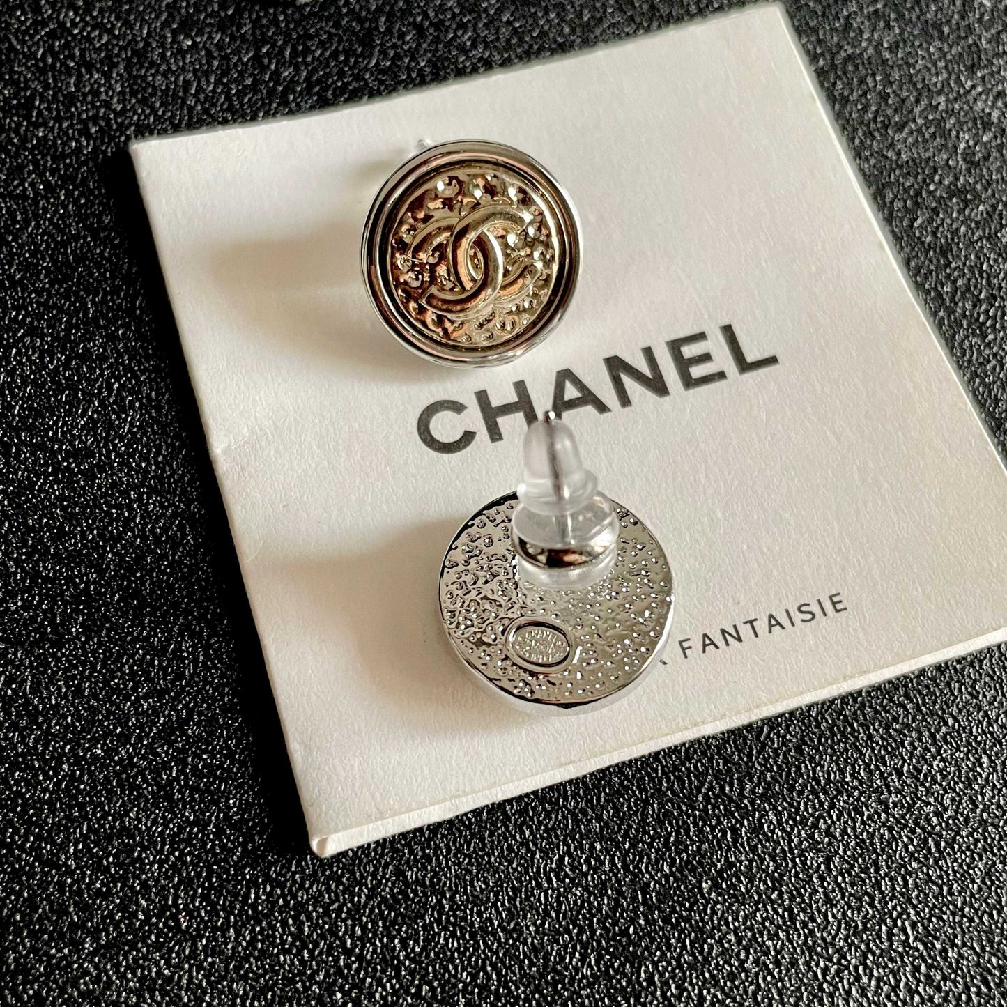 Double-C Emblem Stud Earrings in Polished Metal-Tone – Design 084 main product view