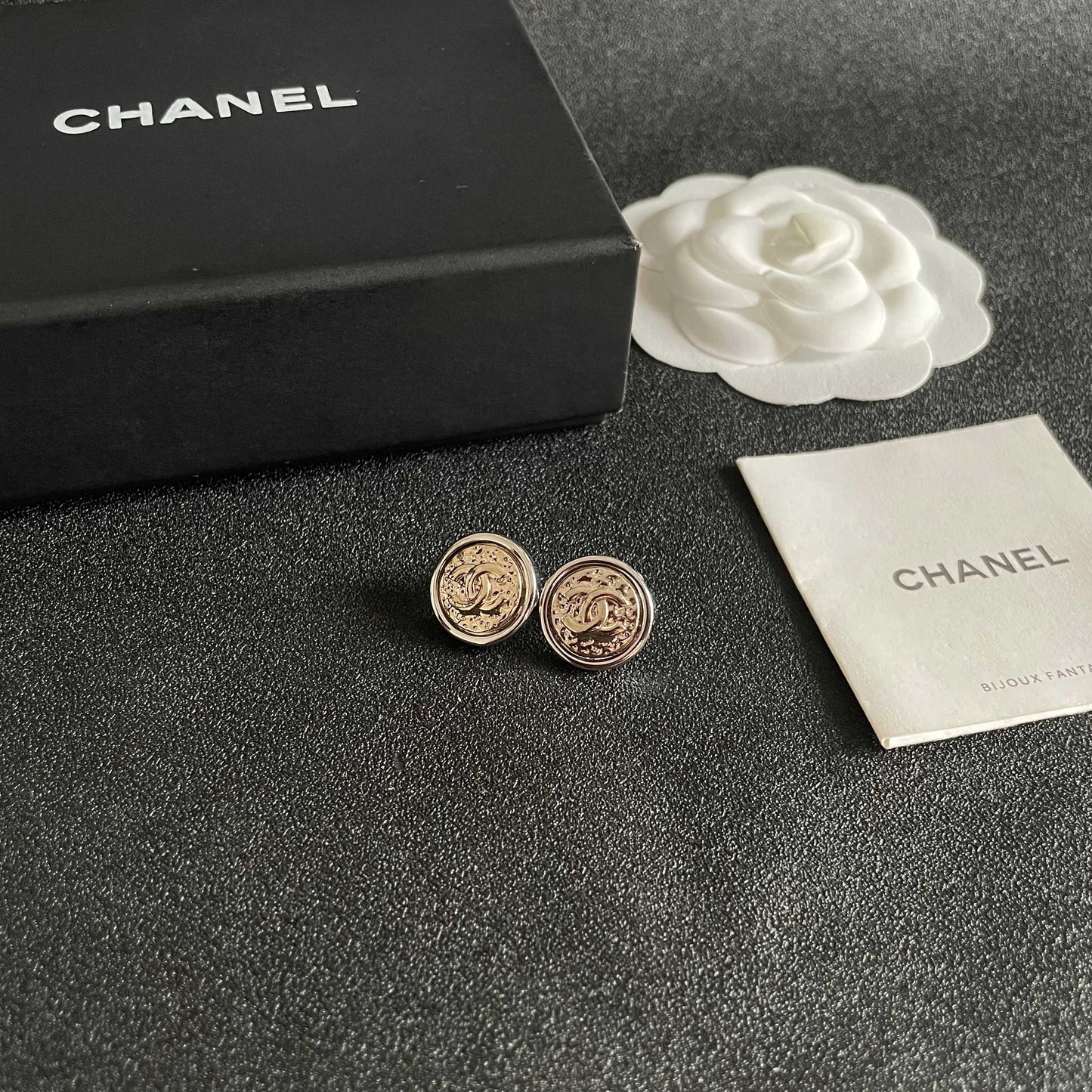 Double-C Emblem Stud Earrings in Polished Metal-Tone – Design 084 styled product view