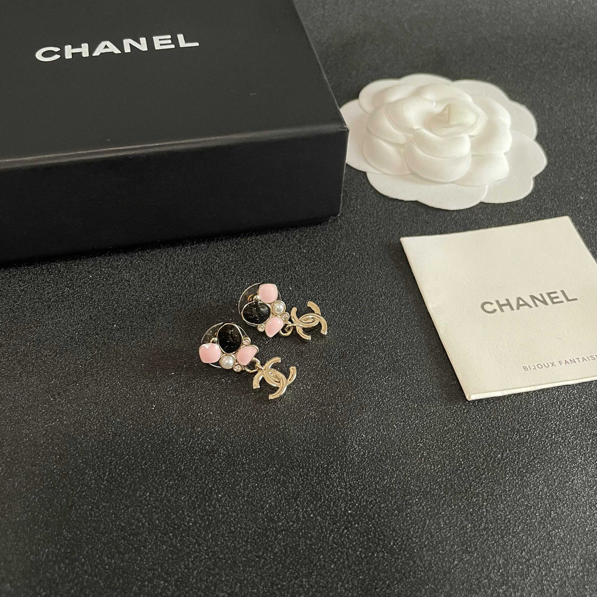 Double-C Emblem Stud Earrings in Polished Metal-Tone – Design 082 styled product view