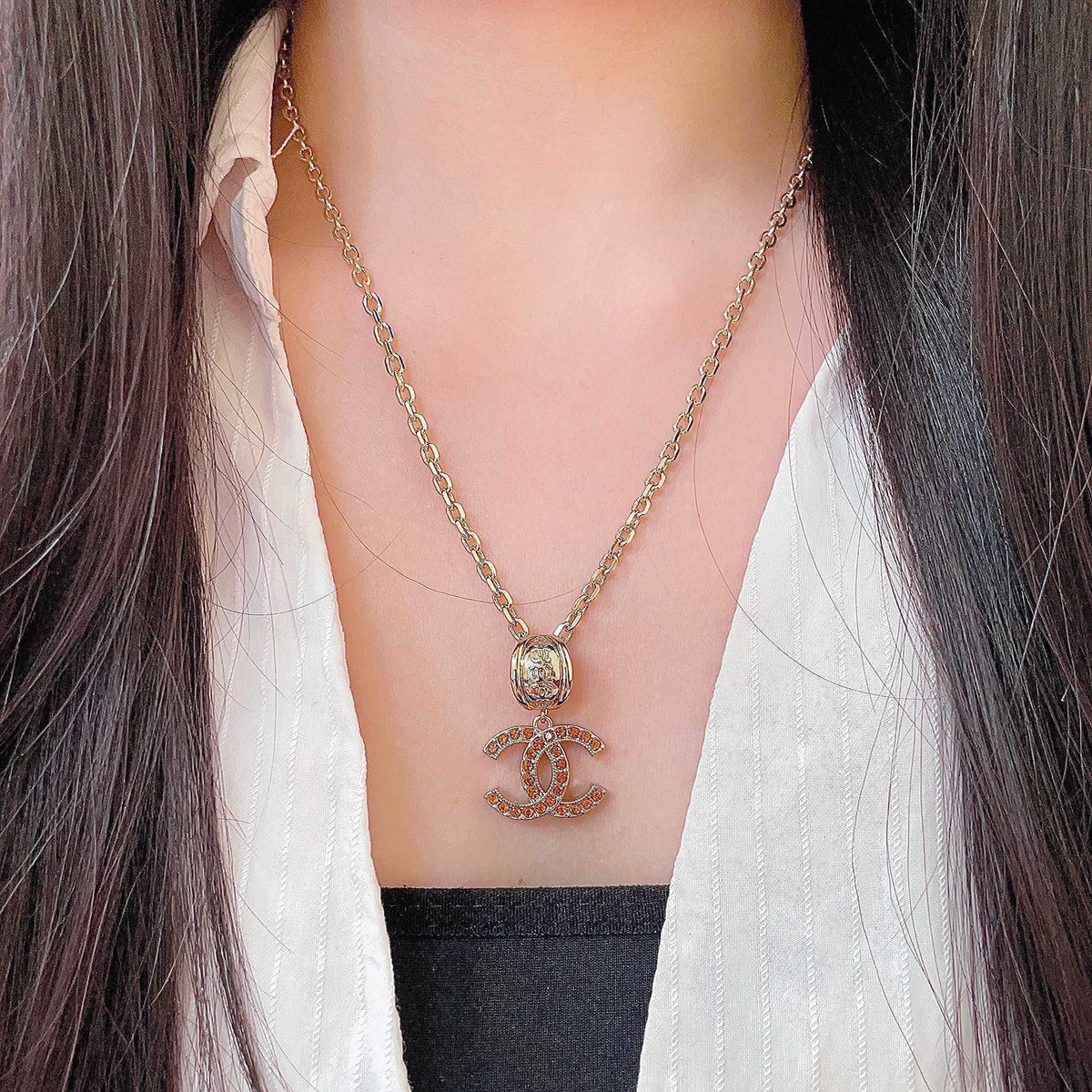 Double-C Emblem Crystal-Accent Pendant Necklace – Design 002 detail view