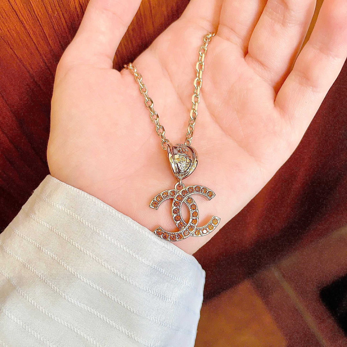 Double-C Emblem Crystal-Accent Pendant Necklace – Design 002 side detail