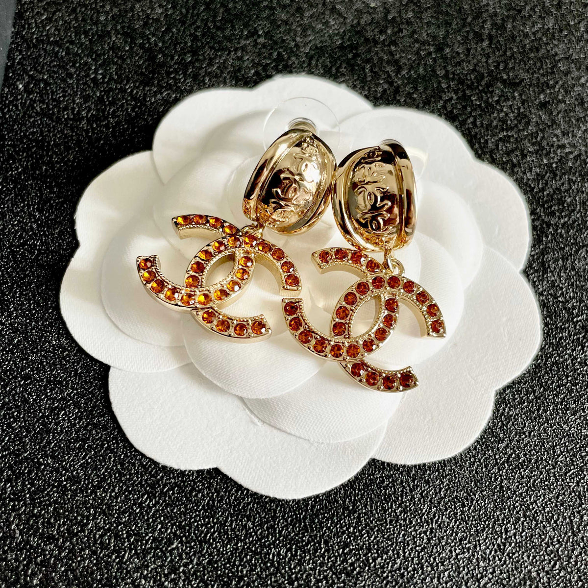 Double-C Emblem Crystal-Accent Statement Earrings – Design 002 front product view