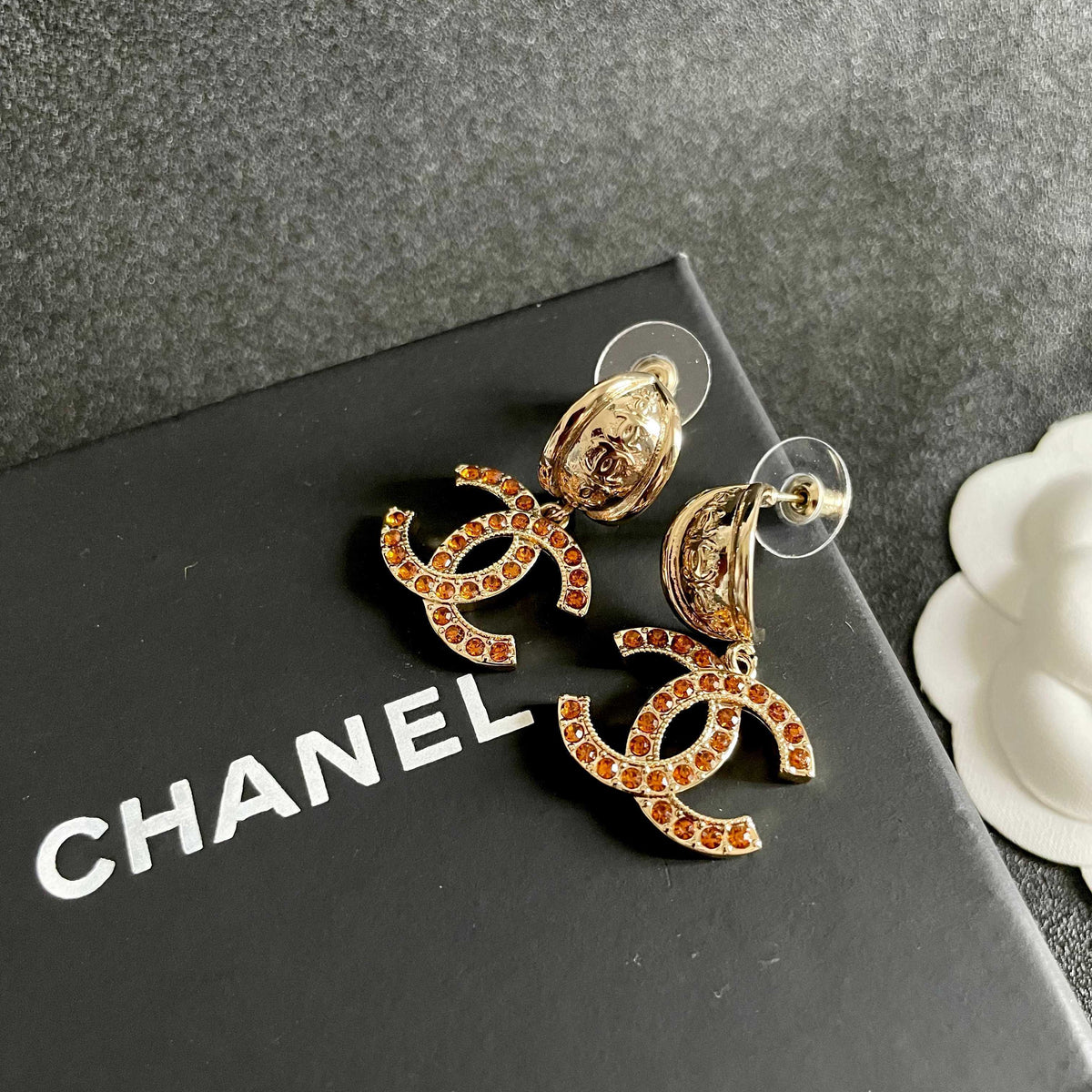 Double-C Emblem Crystal-Accent Statement Earrings – Design 002 detail view