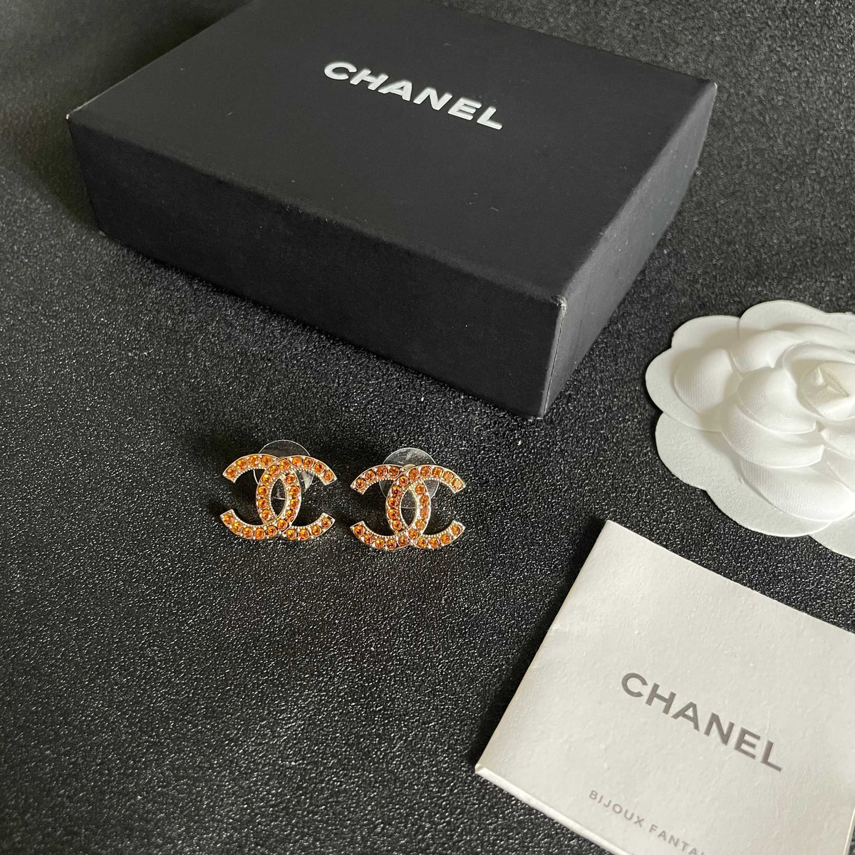 Double-C Emblem Crystal-Accent Stud Earrings – Design 001 close-up detail