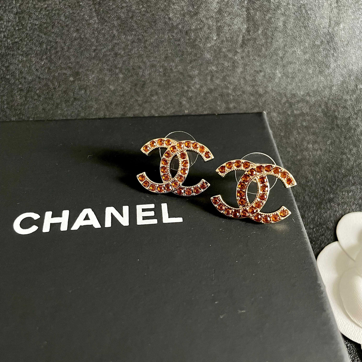 Double-C Emblem Crystal-Accent Stud Earrings – Design 002 detail view