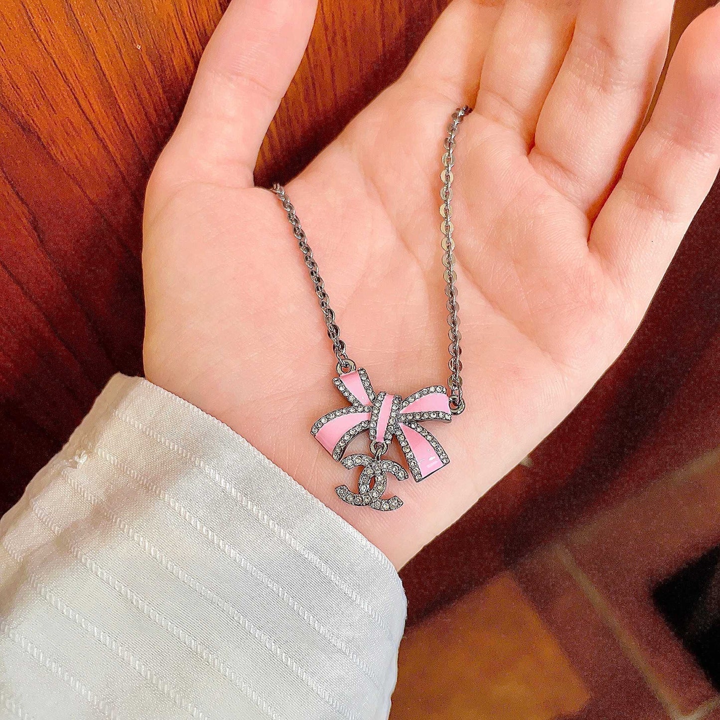 Double-C Emblem Crystal-Accent Pendant Necklace – Design 001 side detail