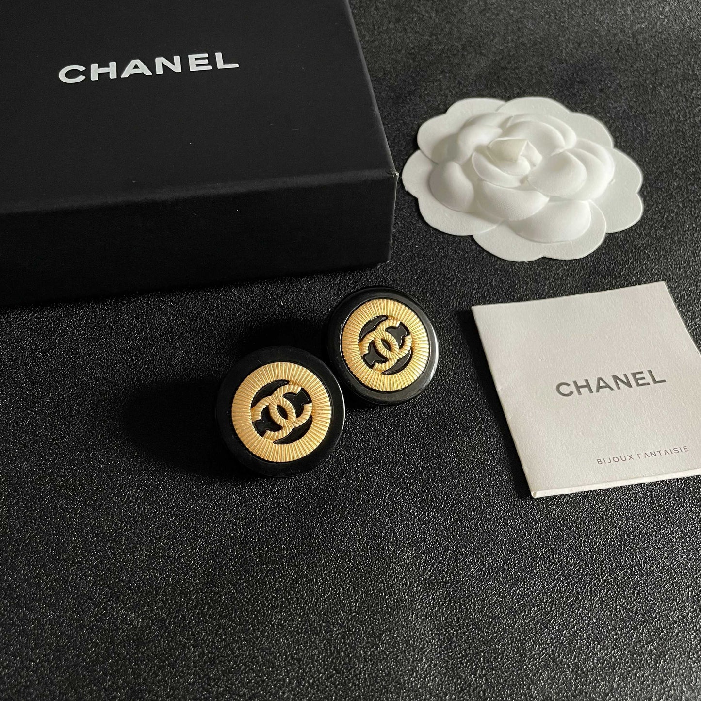 Double-C Emblem Stud Earrings in Polished Metal-Tone – Design 010 styled product view