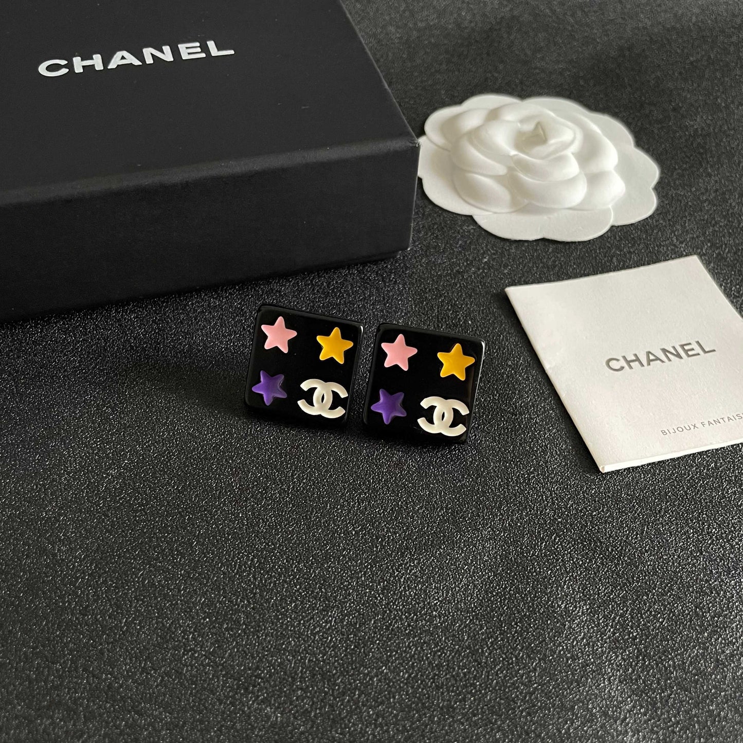 Double-C Emblem Stud Earrings in Polished Metal-Tone – Star Detail – Design 002 styled product view
