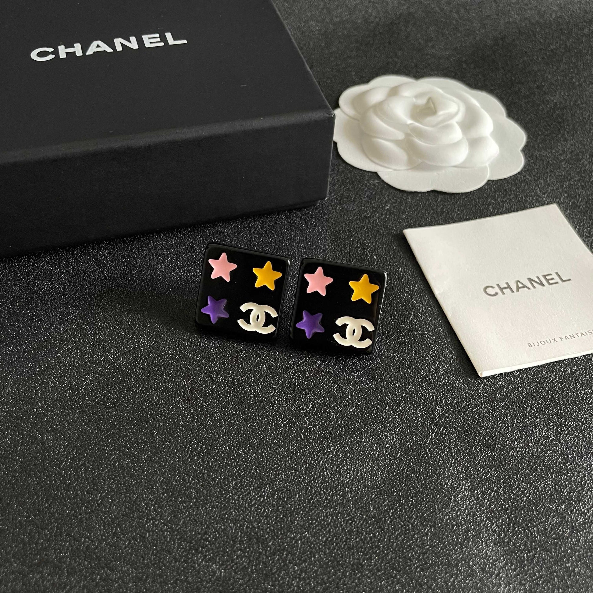 Double-C Emblem Stud Earrings in Polished Metal-Tone – Star Detail – Design 002 styled product view