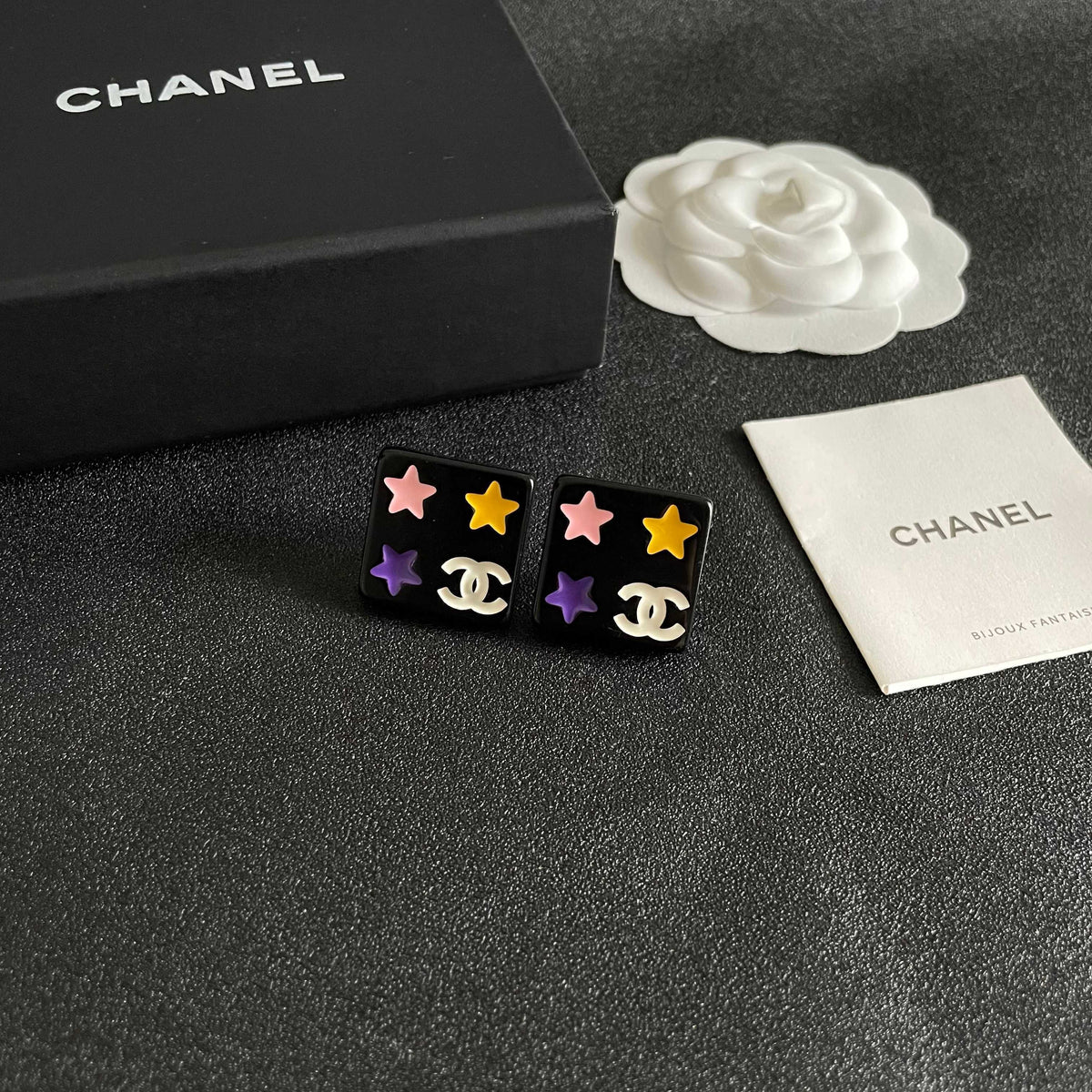 Double-C Emblem Stud Earrings in Polished Metal-Tone – Star Detail – Design 004 styled product view