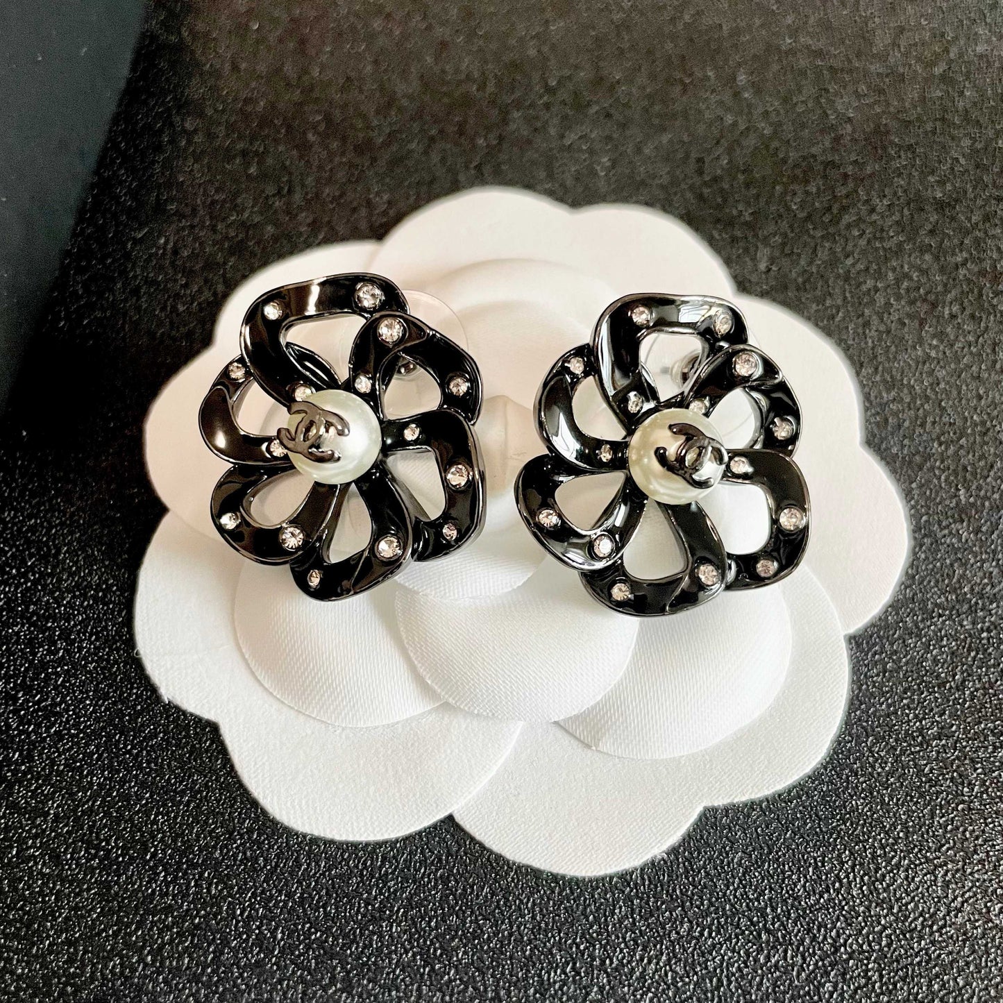 Camellia Stud Earrings in Polished Metal-Tone – Camellia Detail – Design 005 front product view