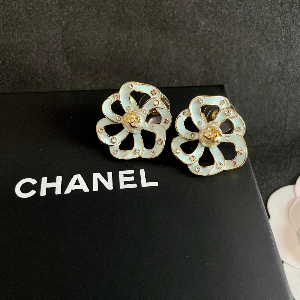 Camellia Stud Earrings in Polished Metal-Tone – Camellia Detail – Design 004 detail view