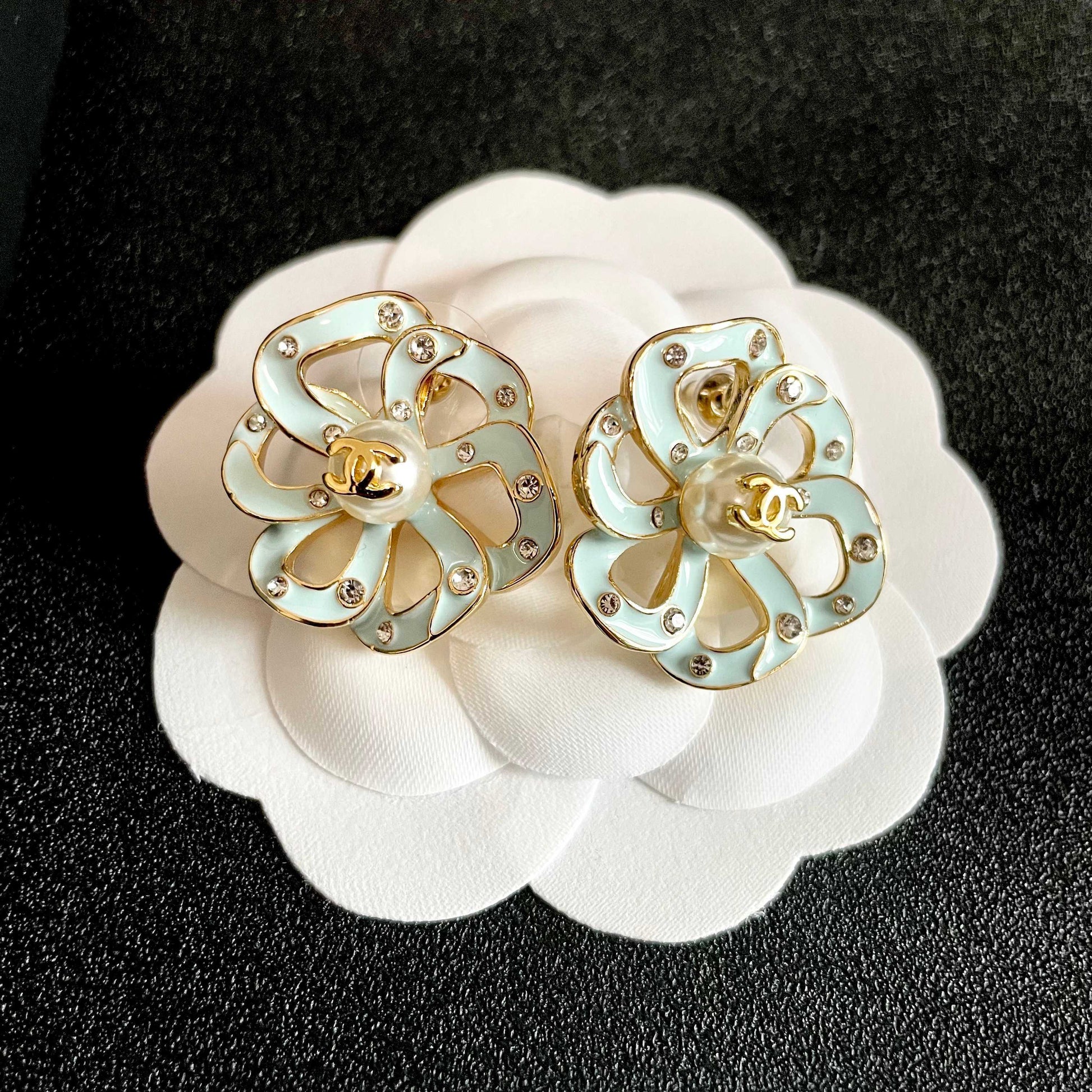 Camellia Stud Earrings in Polished Metal-Tone – Camellia Detail – Design 004 front product view