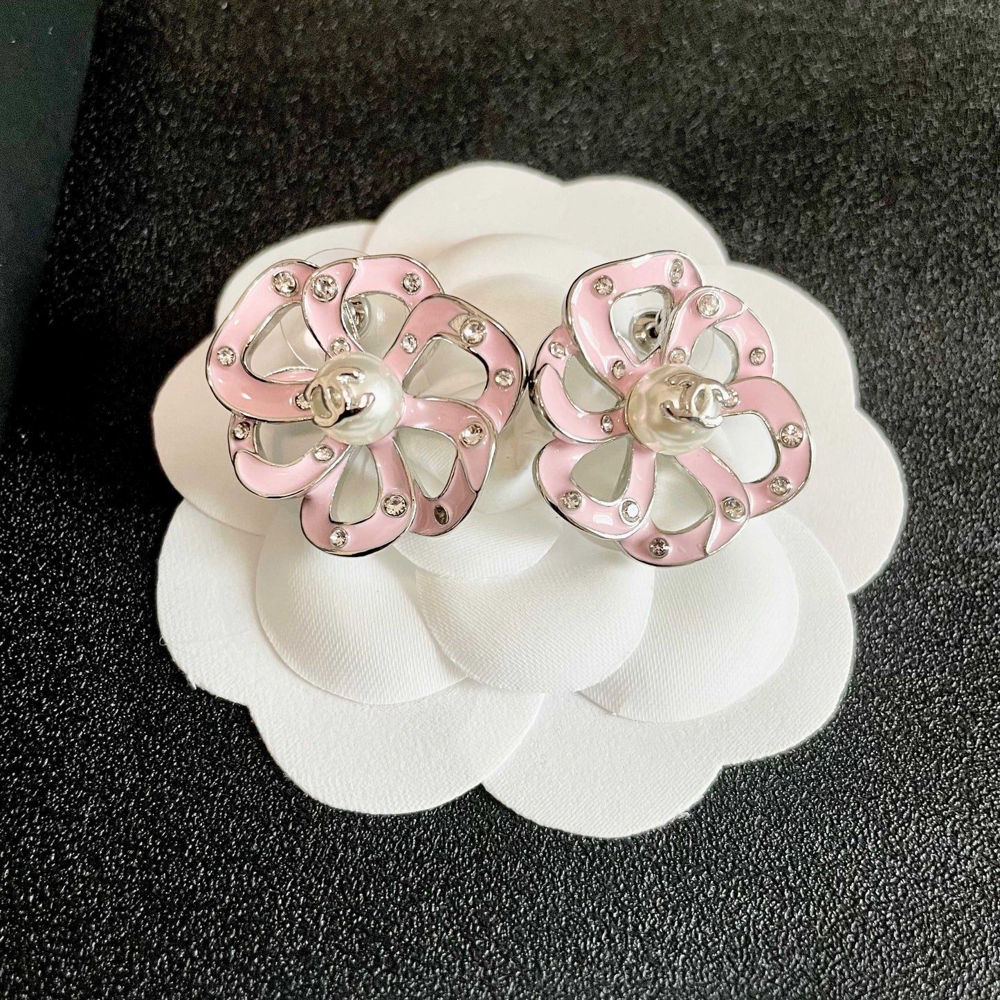 Camellia Stud Earrings in Polished Metal-Tone – Camellia Detail – Design 003 front product view