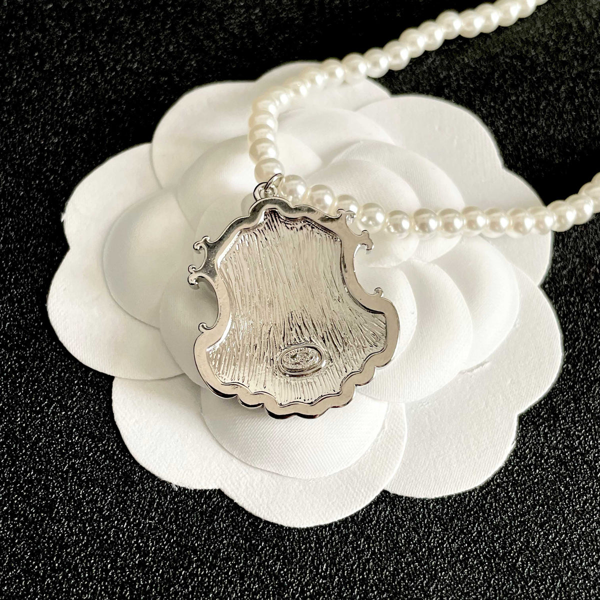 Double-C Emblem Pearl-Detail Pendant Necklace – Pearl Detail – Design 003 front product view