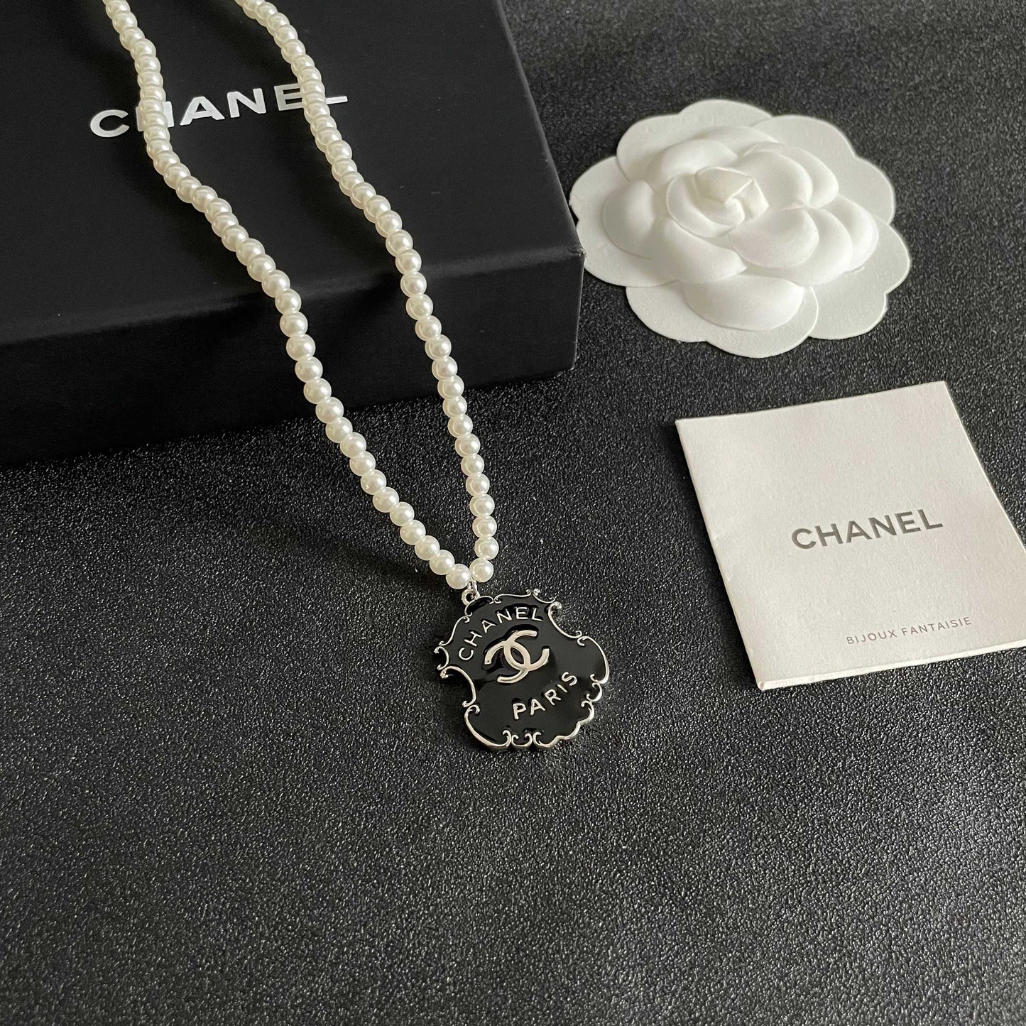 Double-C Emblem Pearl-Detail Pendant Necklace – Pearl Detail – Design 003 styled product view
