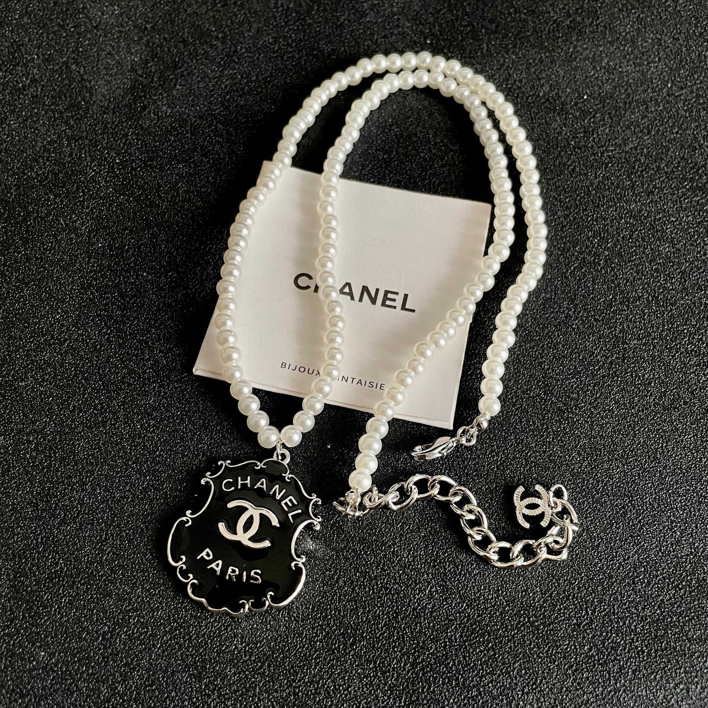 Double-C Emblem Pearl-Detail Pendant Necklace – Pearl Detail – Design 003 detail view
