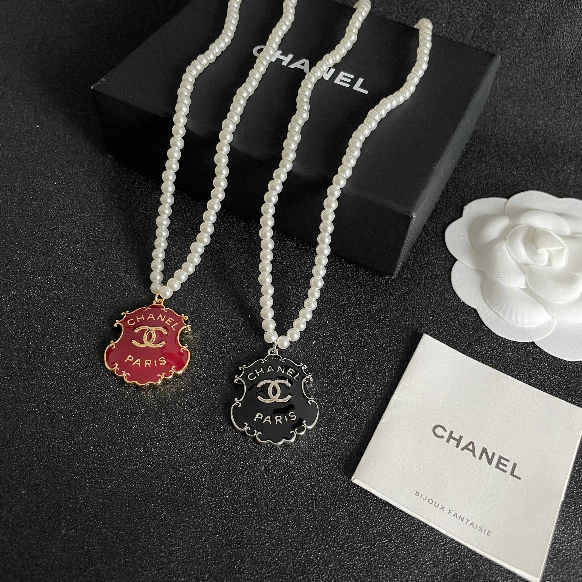 Double-C Emblem Pearl-Detail Pendant Necklace – Pearl Detail – Design 003 close-up detail