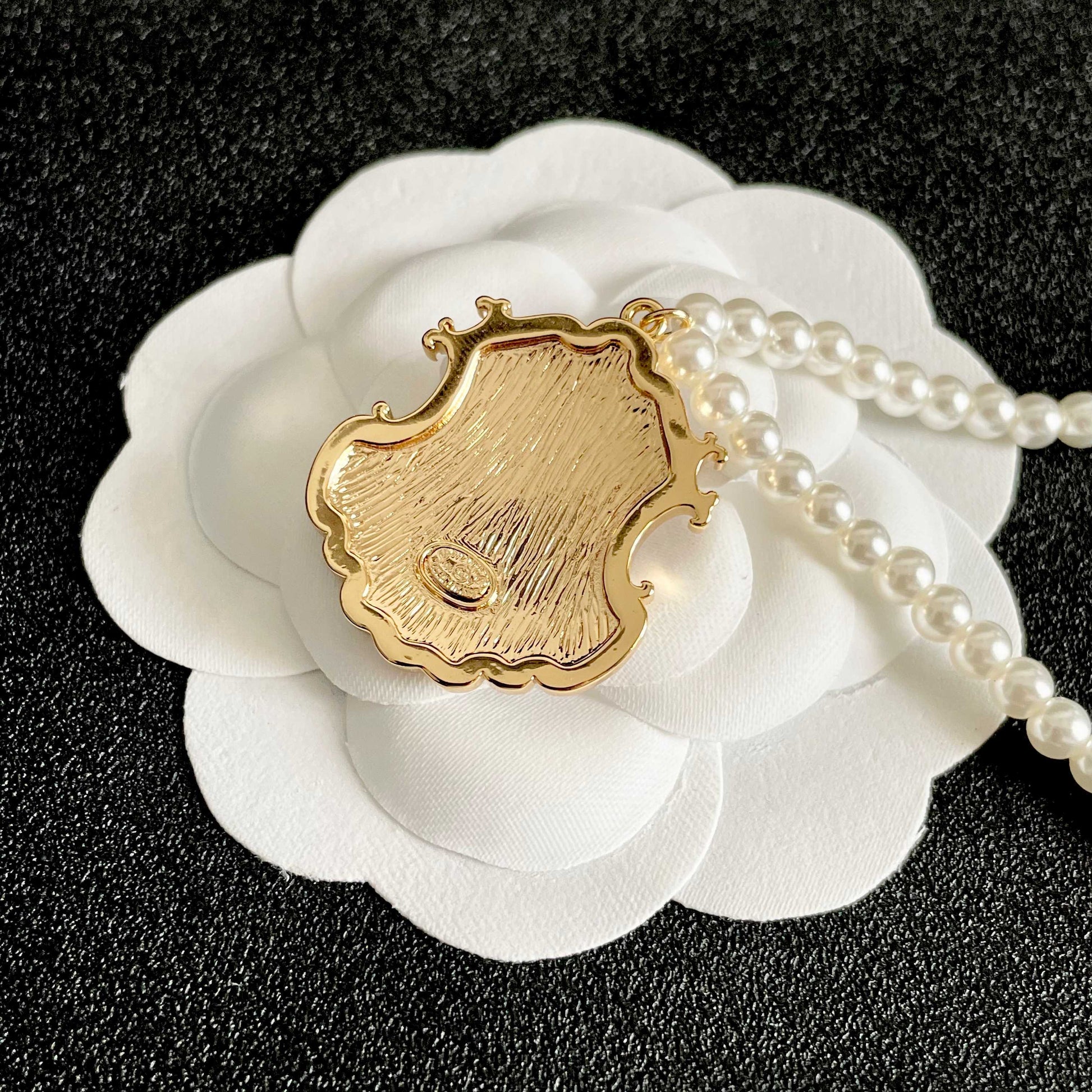 Double-C Emblem Pearl-Detail Pendant Necklace – Pearl Detail – Design 002 front product view
