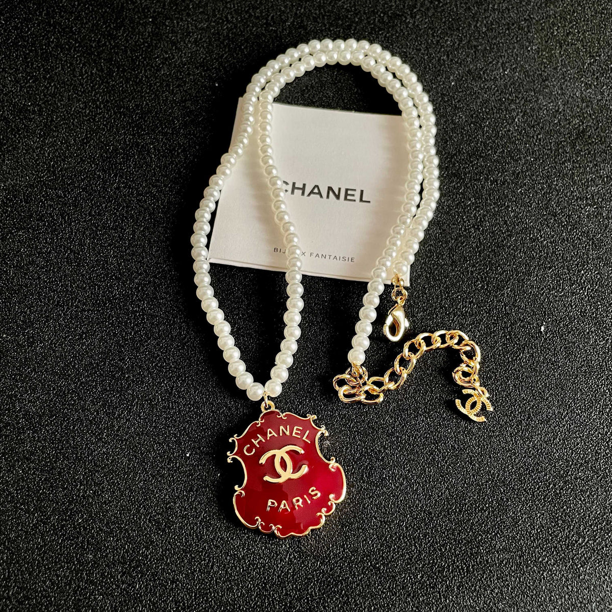 Double-C Emblem Pearl-Detail Pendant Necklace – Pearl Detail – Design 002 detail view