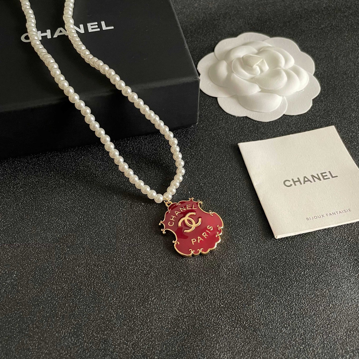 Double-C Emblem Pearl-Detail Pendant Necklace – Pearl Detail – Design 002 styled product view