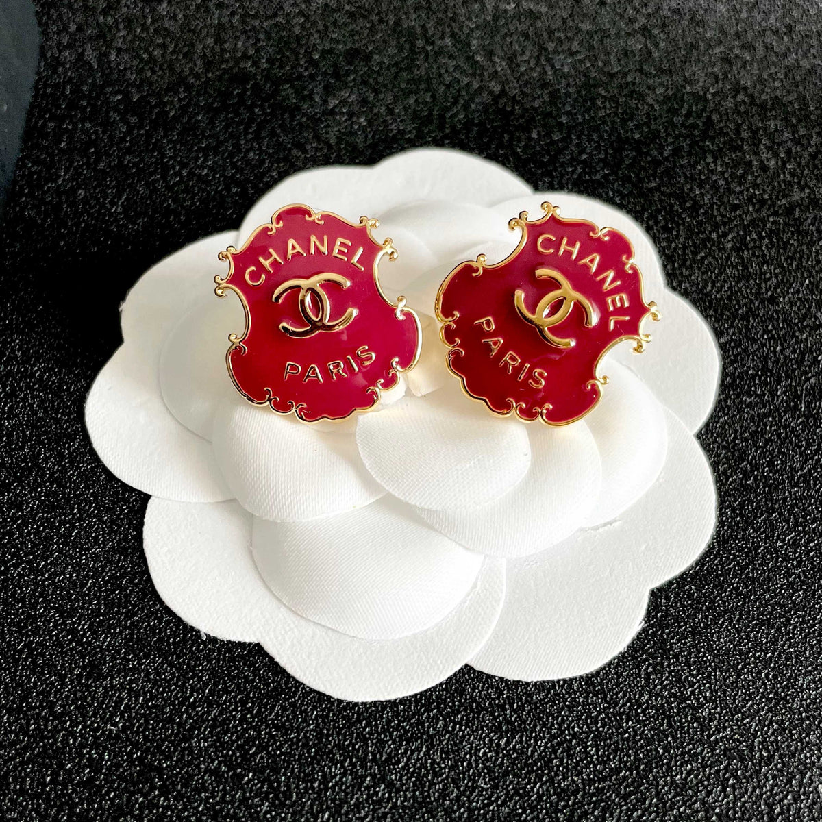 Double-C Emblem Stud Earrings in Polished Metal-Tone – Design 005 front product view